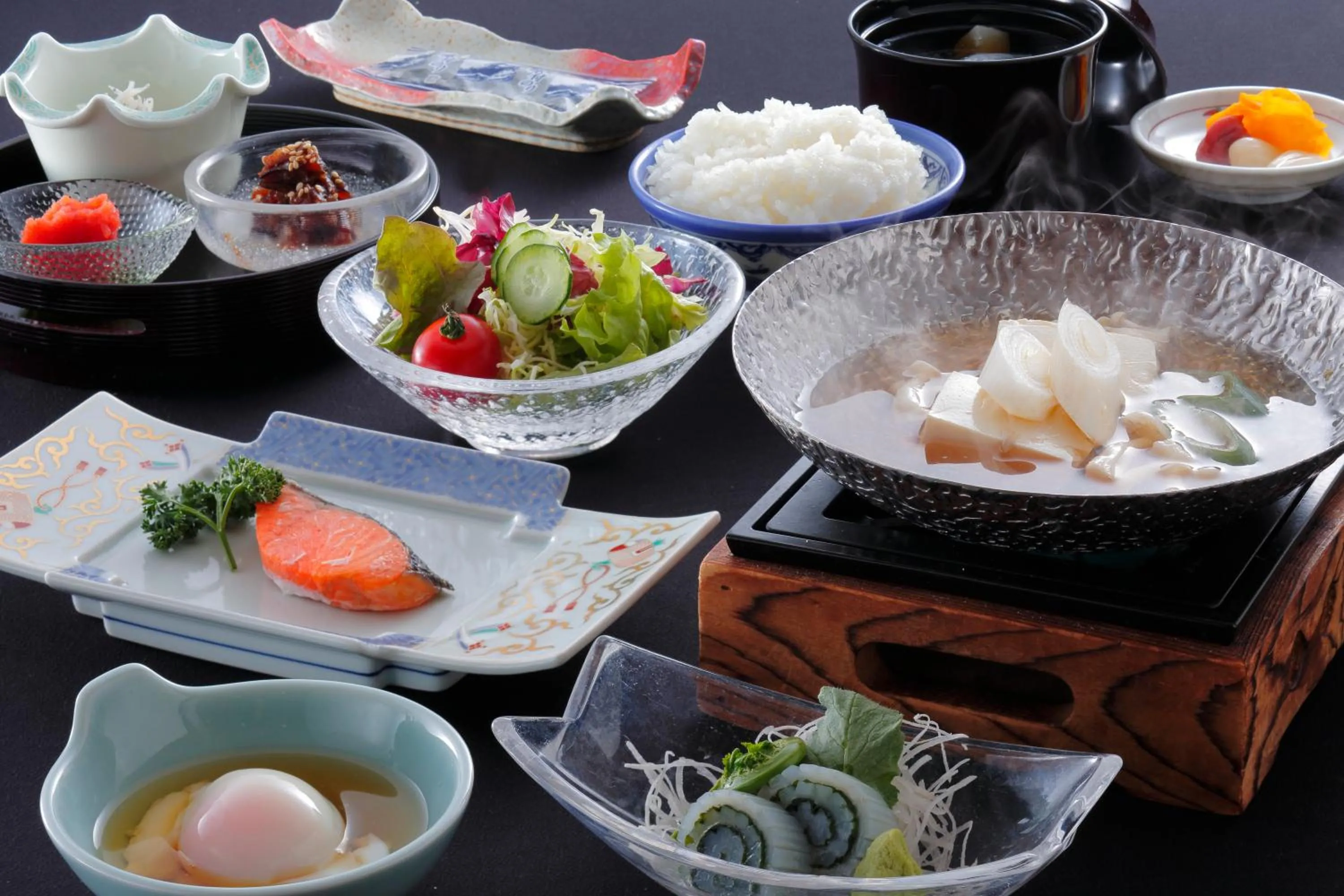 Asian breakfast in Awara Kitagata Onsen Kohanso Hana Yurari