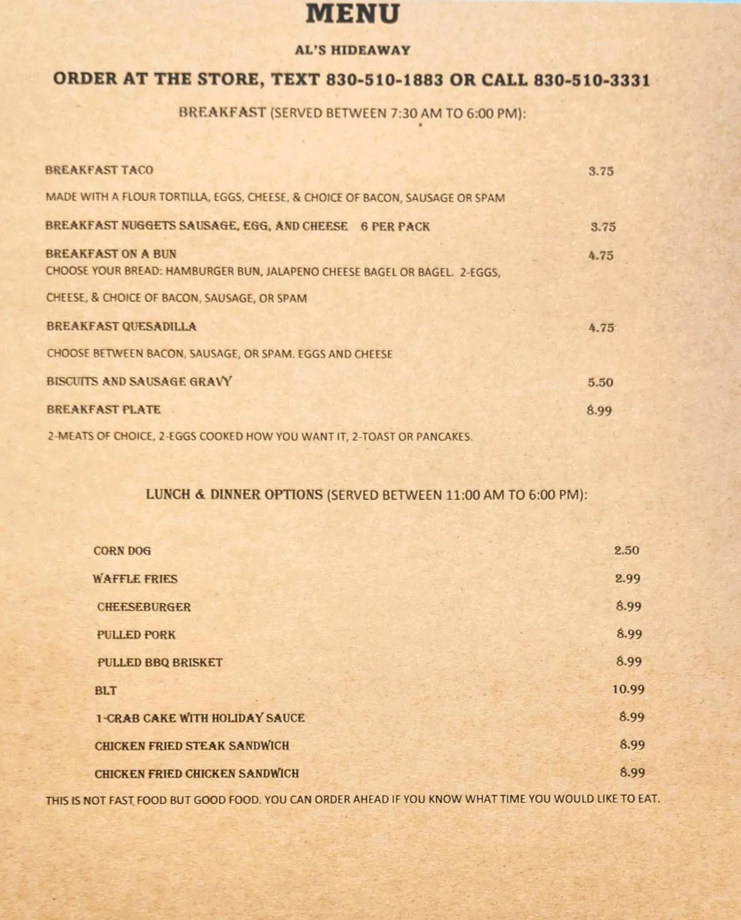 Restaurant/places to eat in Al's Hideaway Cabin and RV Space, LLC