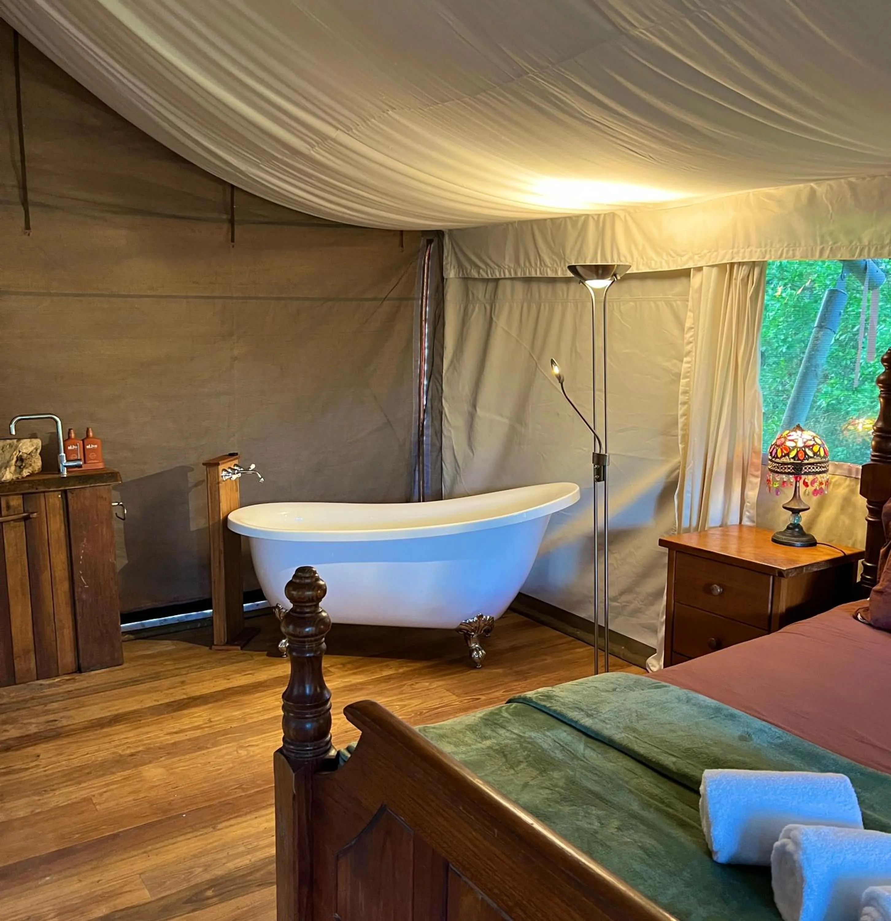 Bath, Bed in Silk Pavilions Glamping
