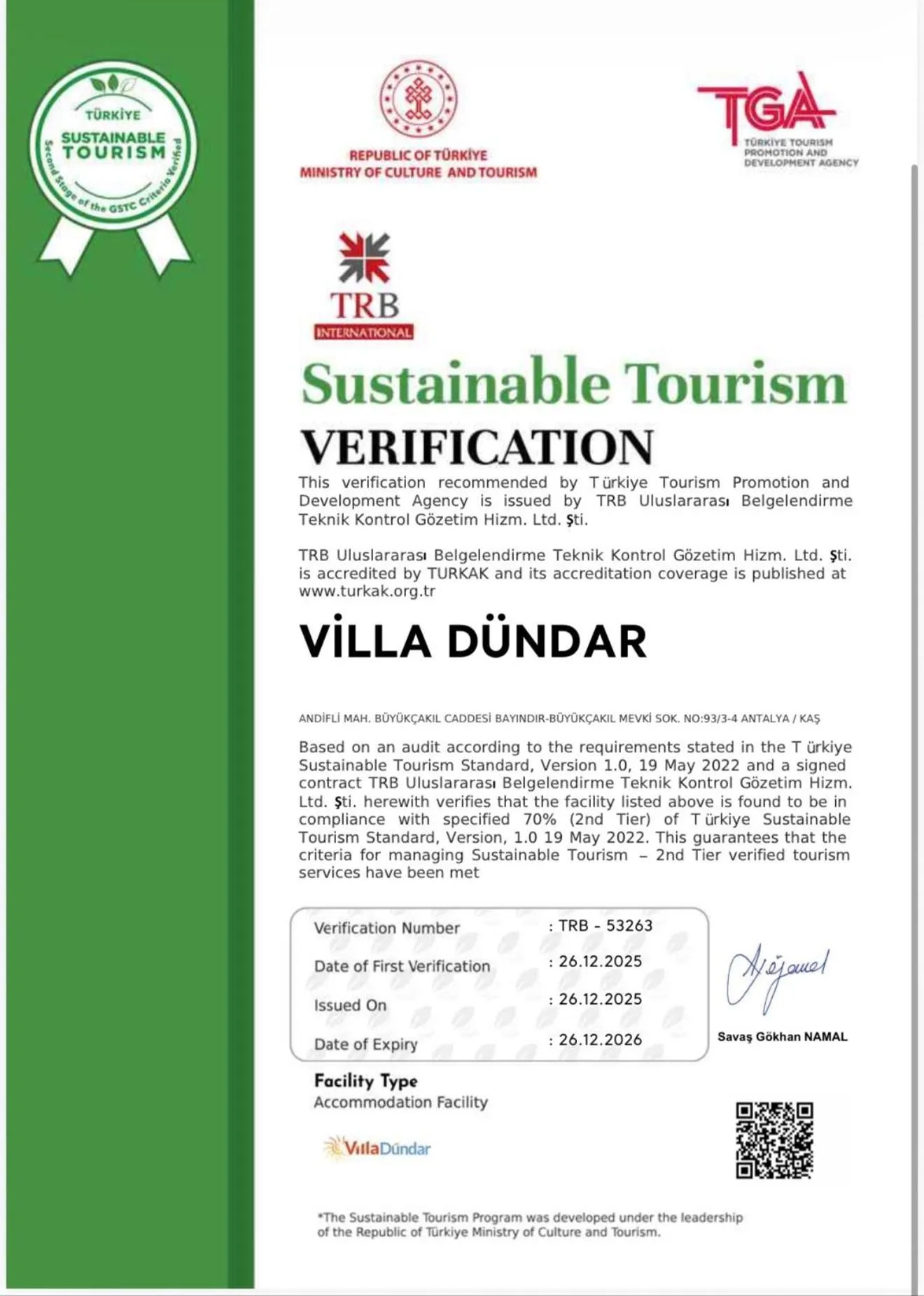 Certificate/Award in Villa Dundar - Kas Apart Otel