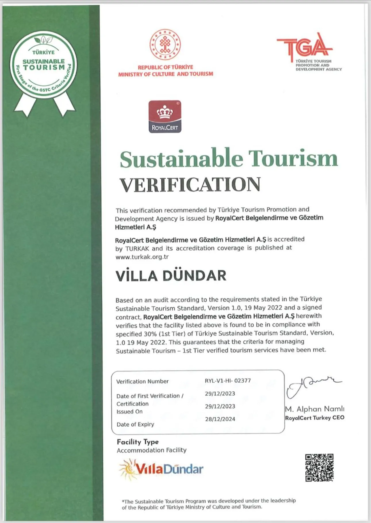 Certificate/Award in Villa Dundar - Kas Apartments