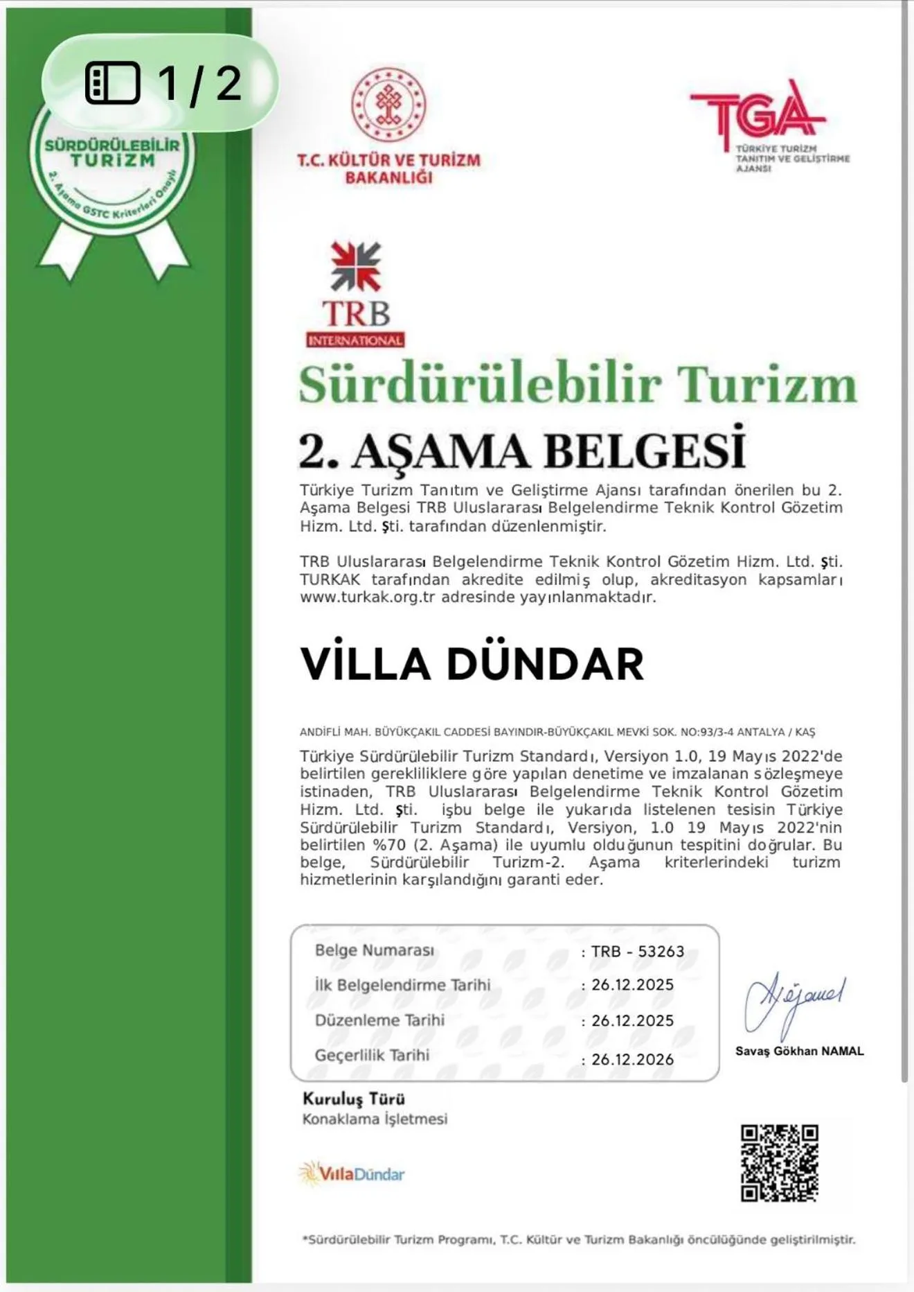 Certificate/Award in Villa Dundar - Kas Apart Otel
