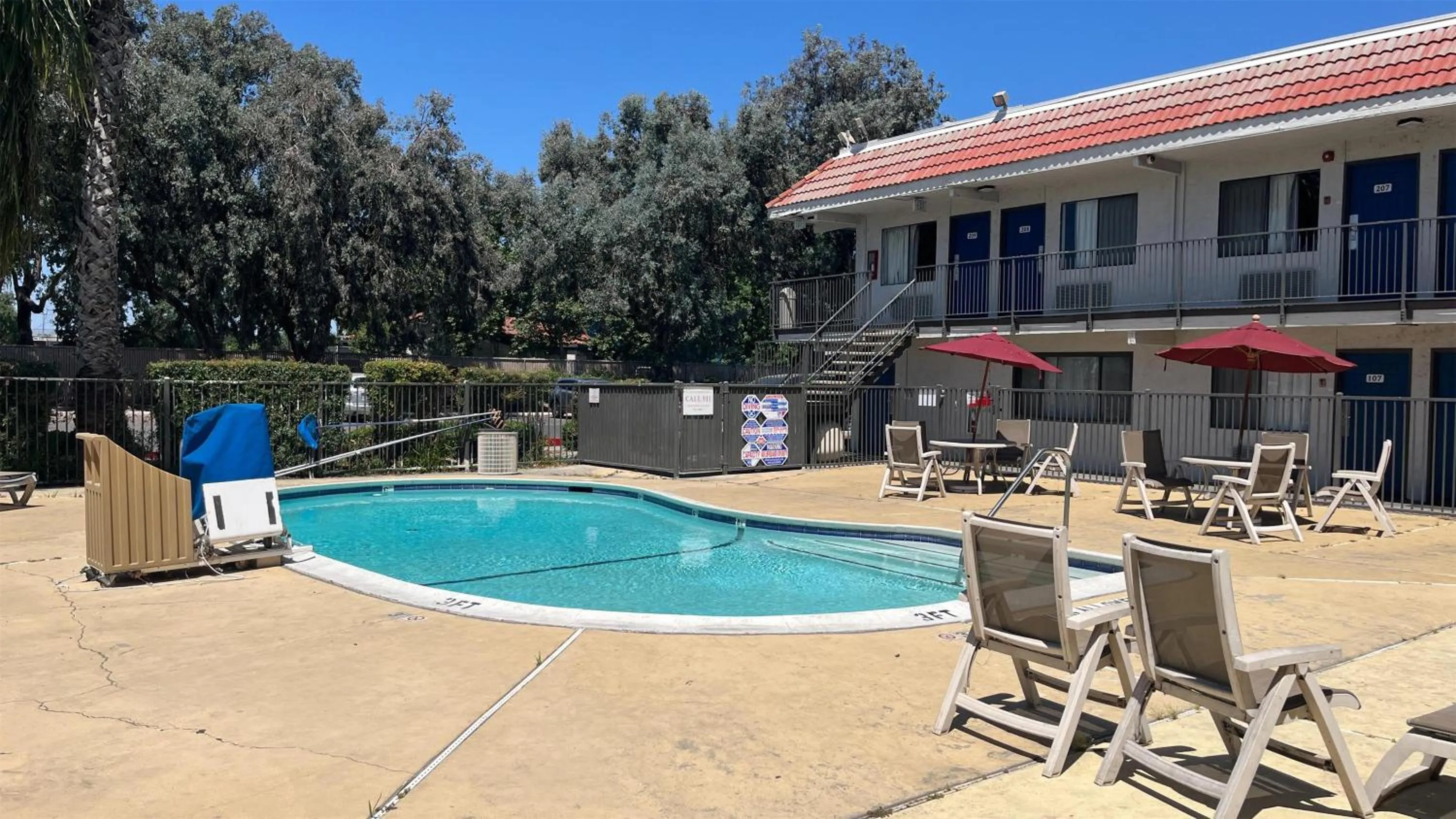 Pool view in Motel 6 Modesto, CA