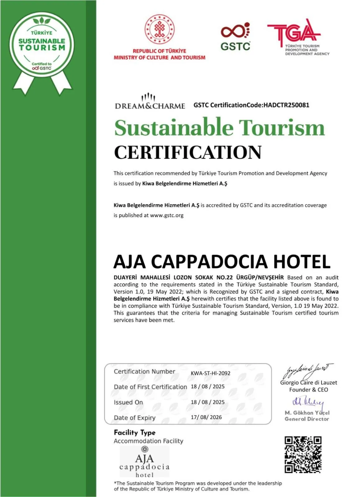 Certificate/Award in Aja Cappadocia Cave Hotel