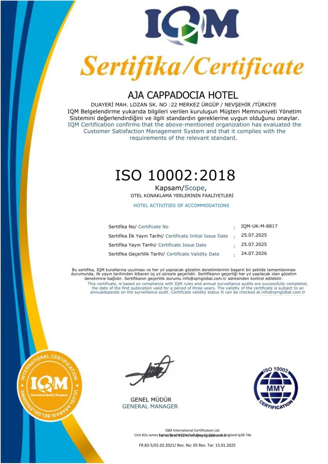 Certificate/Award in Aja Cappadocia Cave Hotel