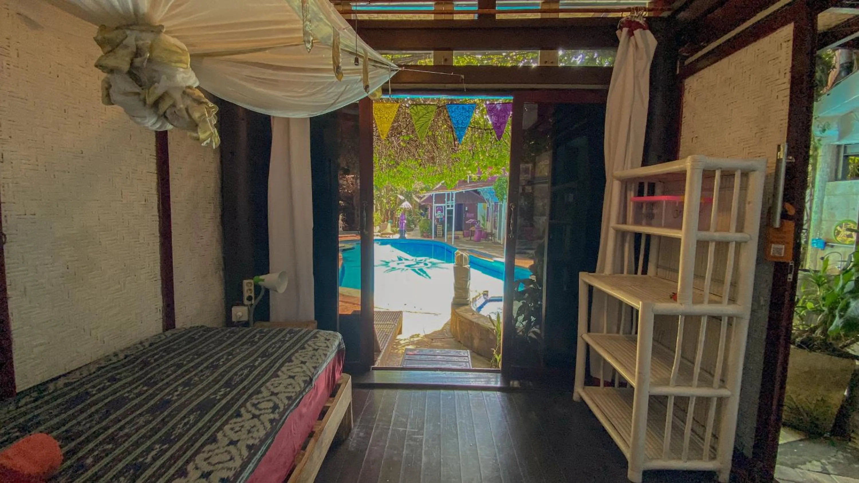 Pool view, Bed in Serenity Eco Guesthouse - CHSE certified