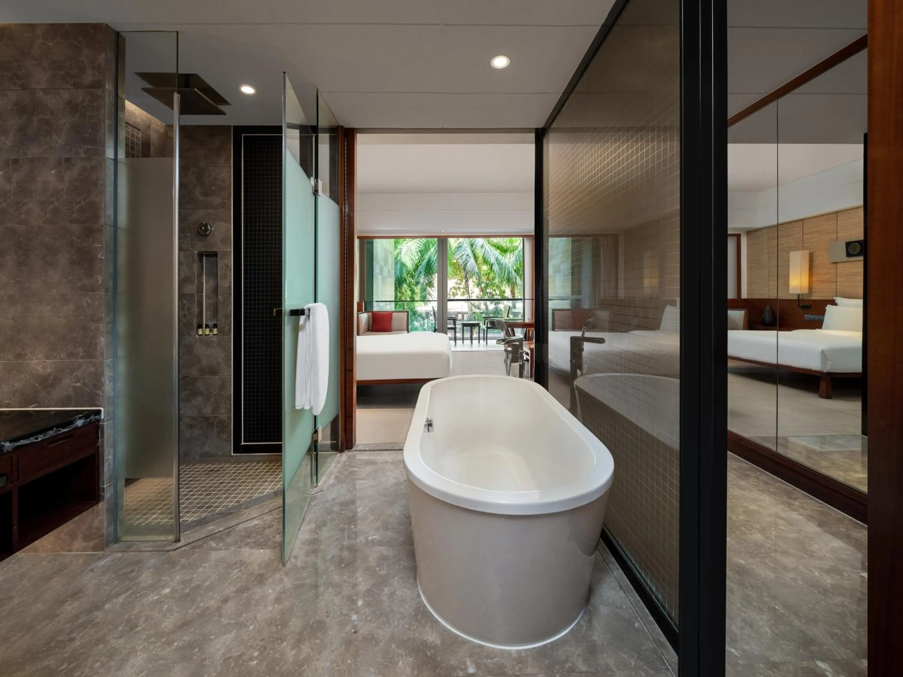 Bathroom, Bed in Pullman Oceanview Sanya Bay Resort & Spa