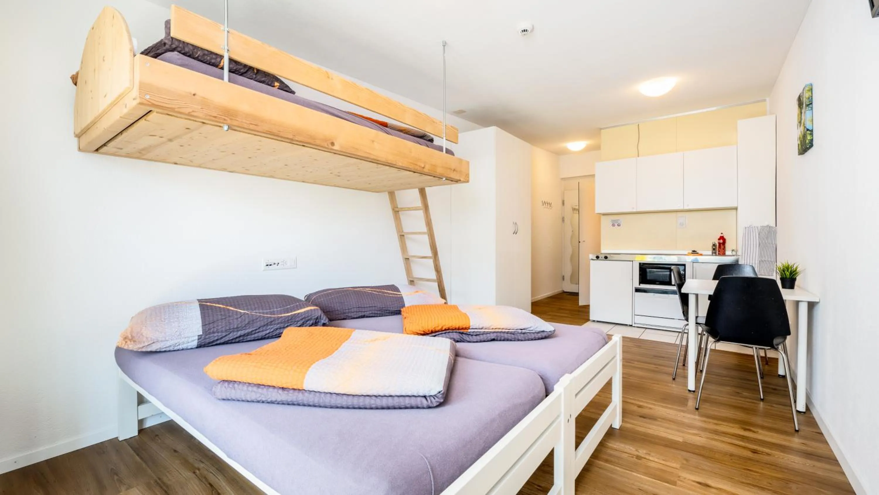 Kitchen or kitchenette, Bed in Anstatthotel Hochdorf - app self-check-in