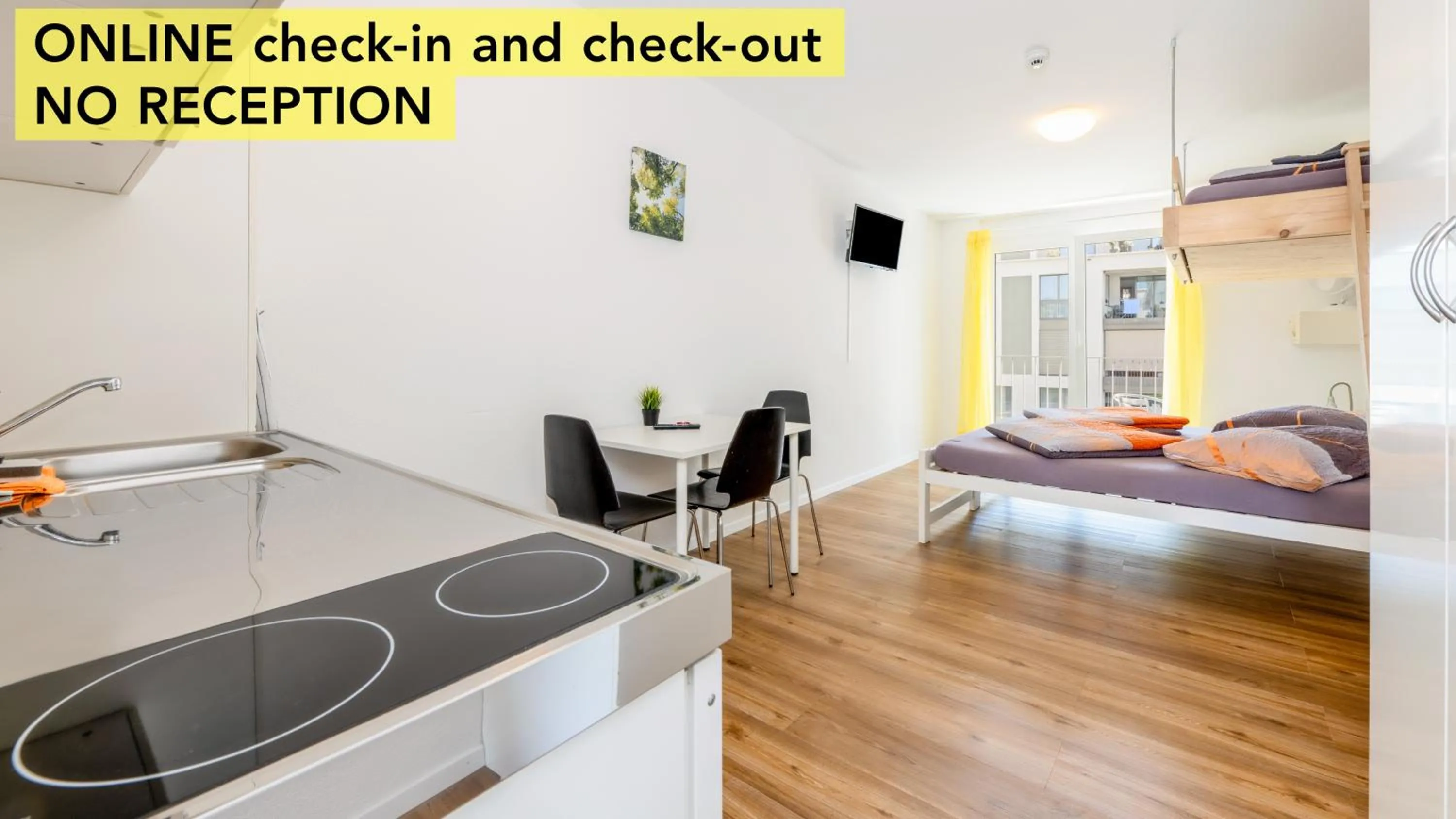 Kitchen or kitchenette, Bed in Anstatthotel Hochdorf - app self-check-in