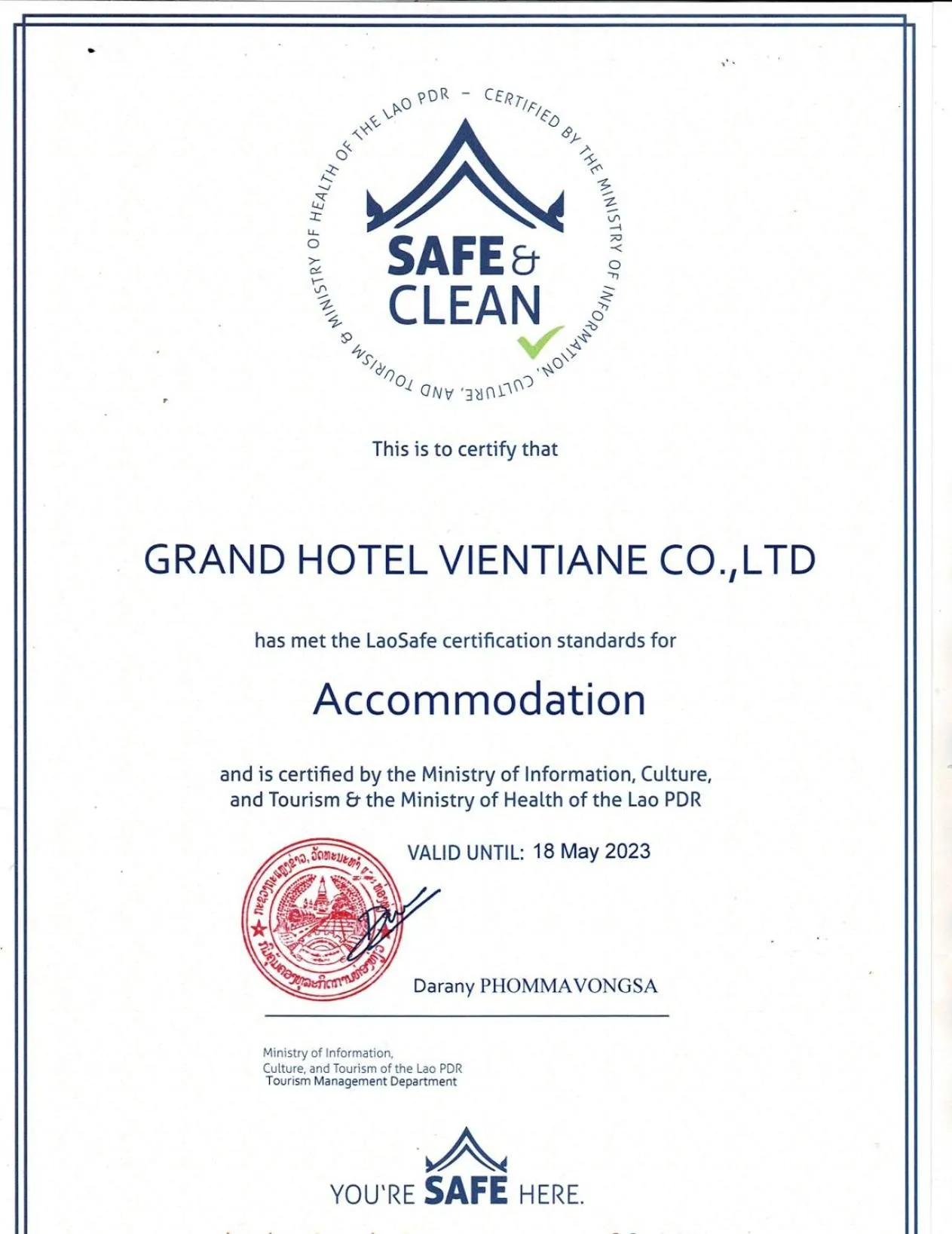 Logo/Certificate/Sign in Grand Hotel Vientiane