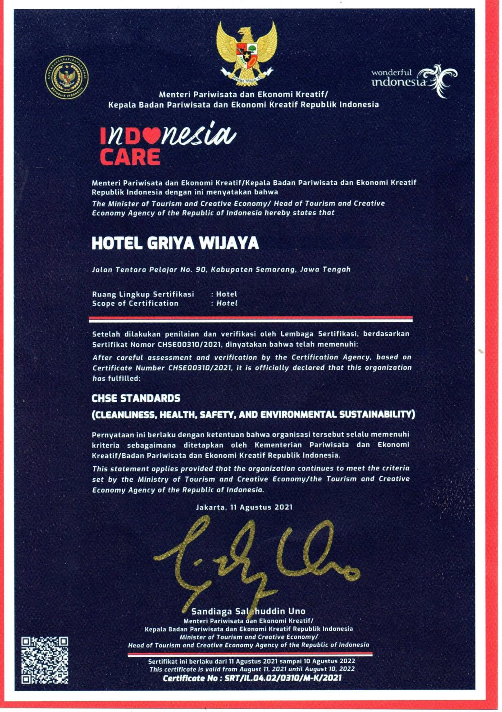 Certificate/Award in Hotel Griya Wijaya