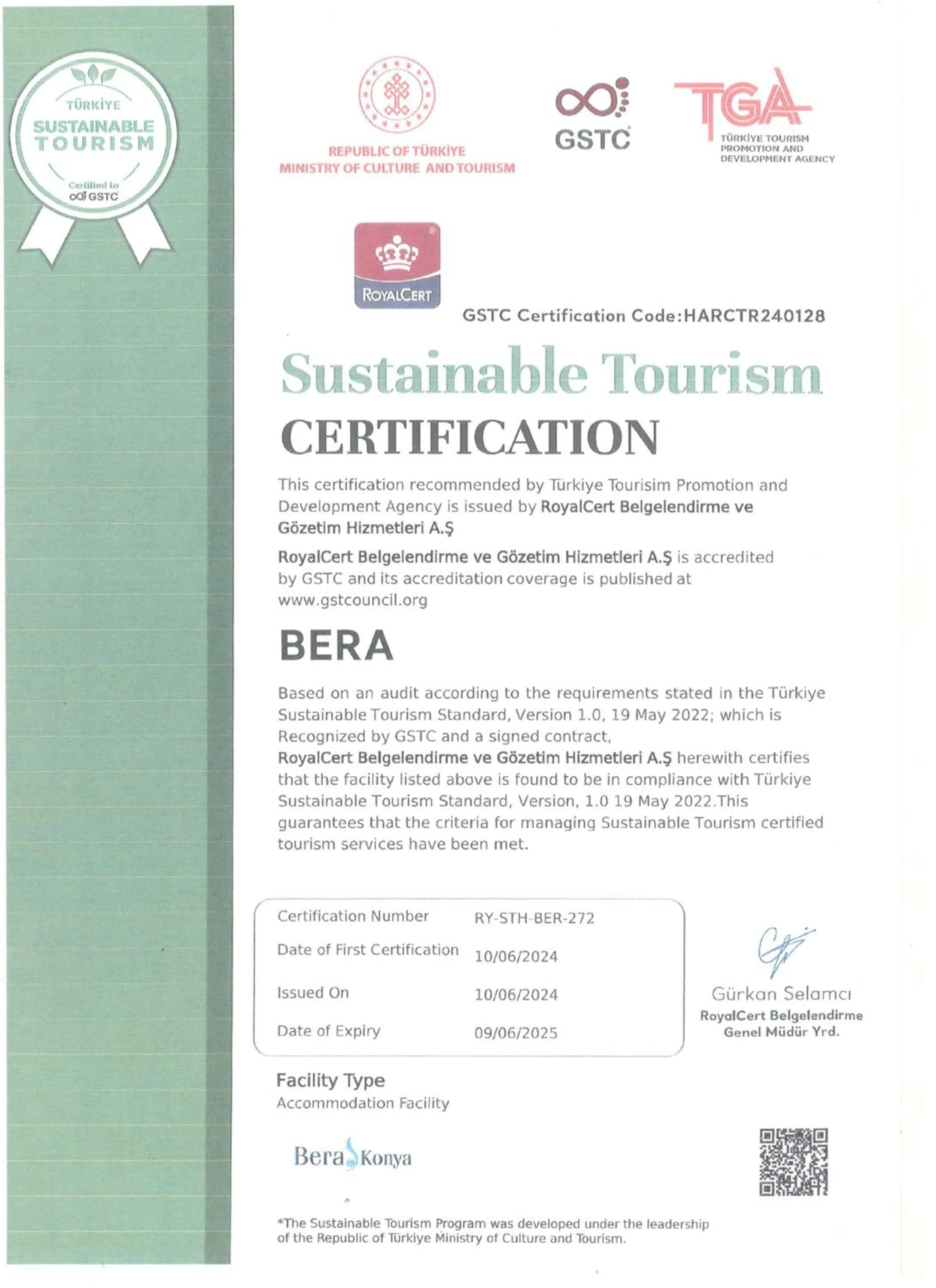 Logo/Certificate/Sign in Bera Konya Hotel