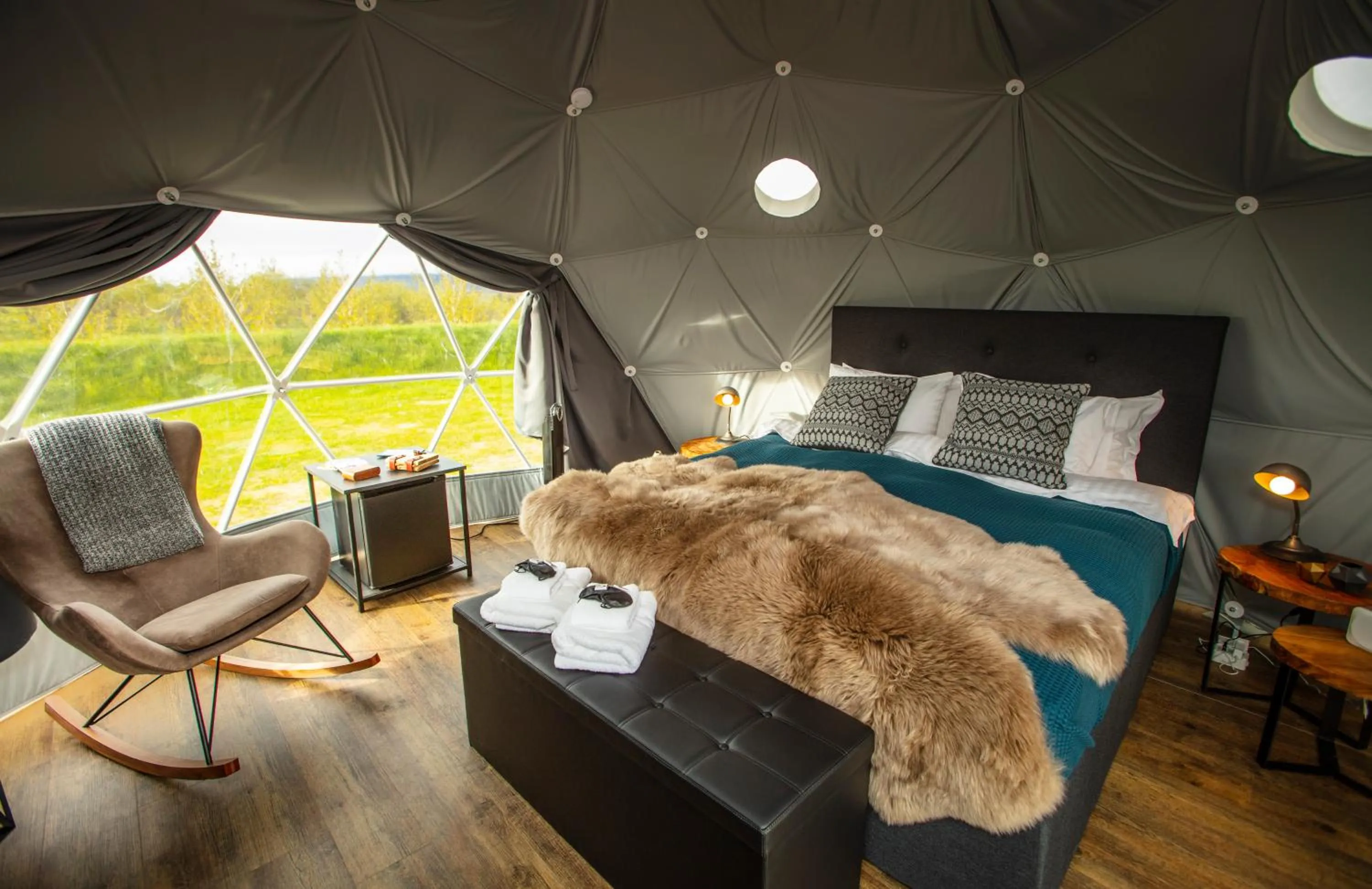 Living room, Bed in Reykjavik Domes