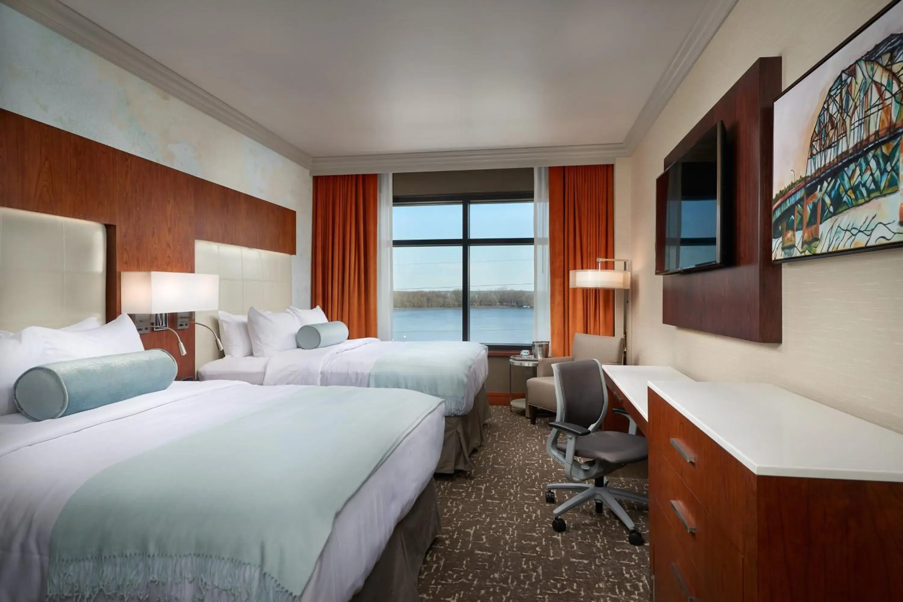 Guest room, 2 Queen, River view in The Merrill Hotel & Conference Center, Muscatine, a Tribute Portfolio Hotel Guest room, 2 Queen, River view in The Merrill Hotel & Conference Center, Muscatine, a Tribute Portfolio Hotel