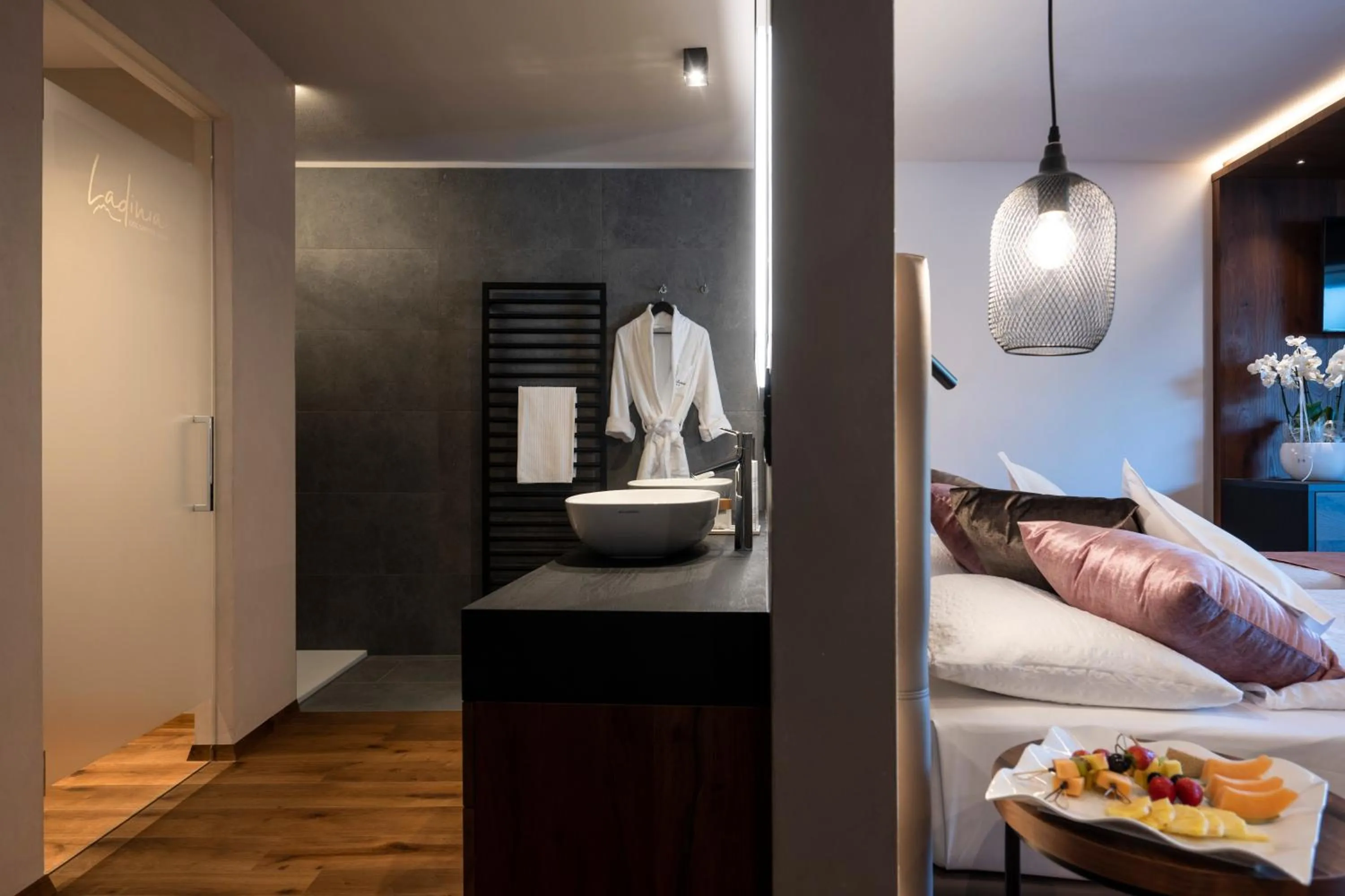 Bathroom, Bed in Ladinia Dolomites View - Adults Only