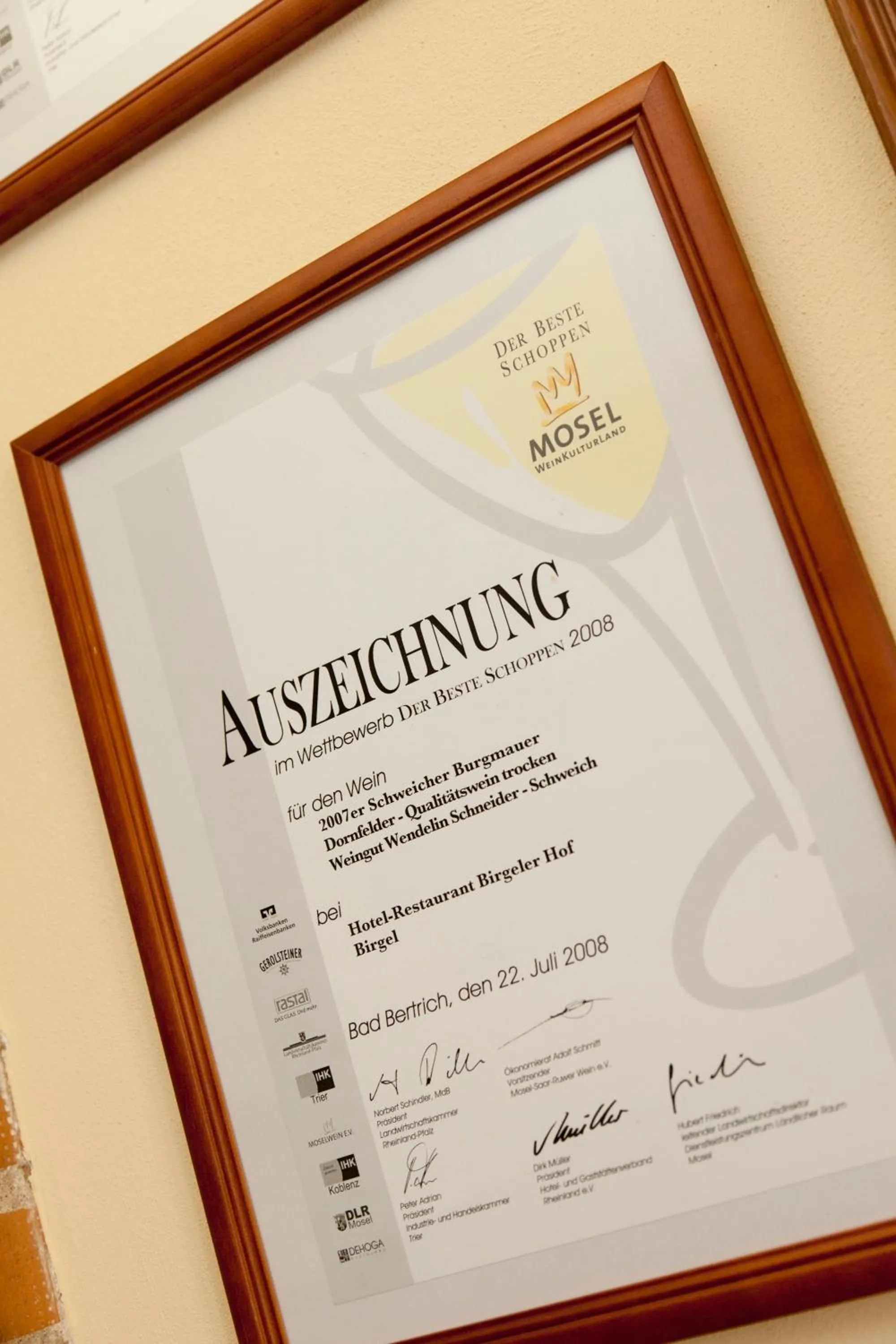 Certificate/Award in Hotel-Restaurant Birgeler Hof