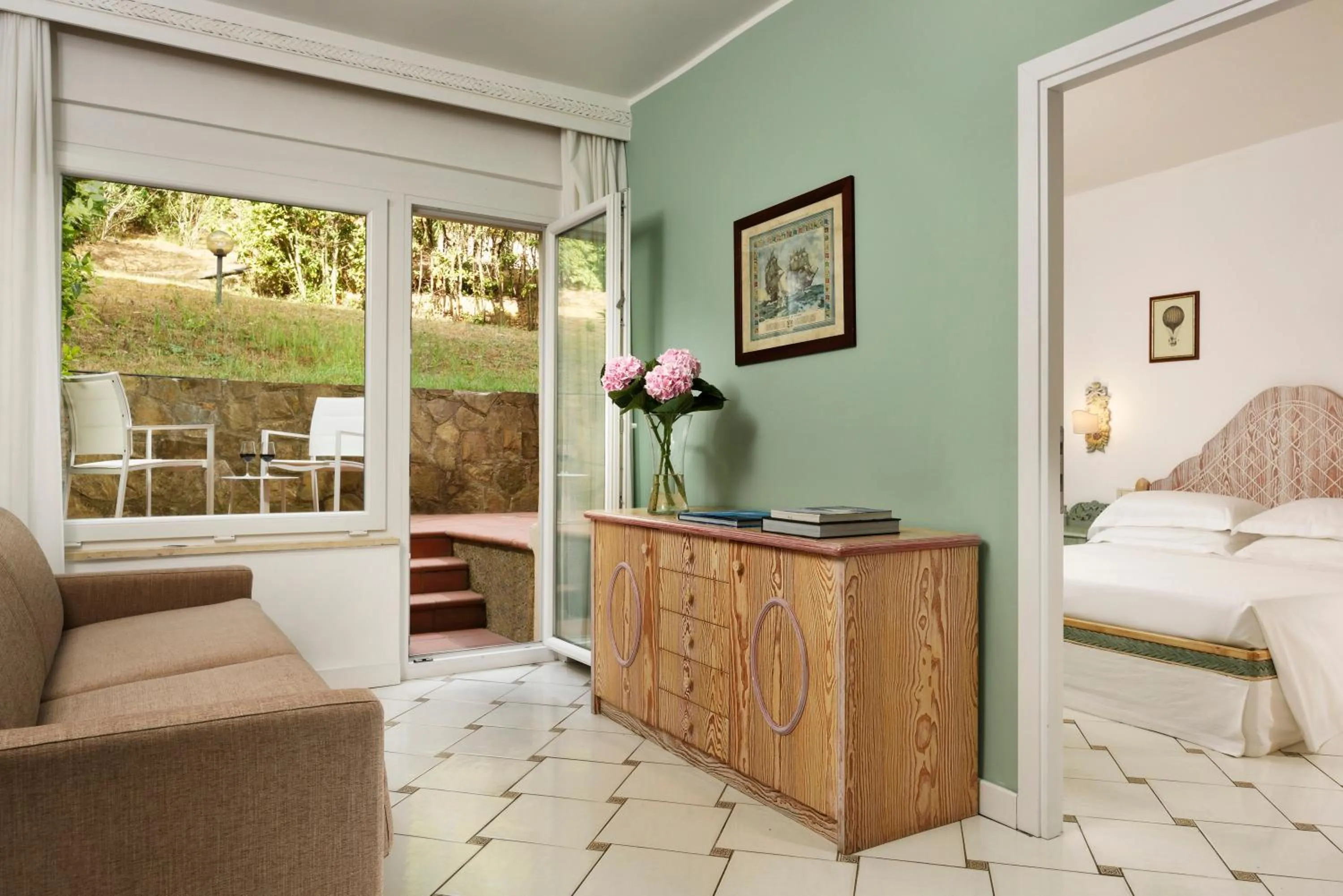 Patio, Bed in Golf Hotel Punta Ala