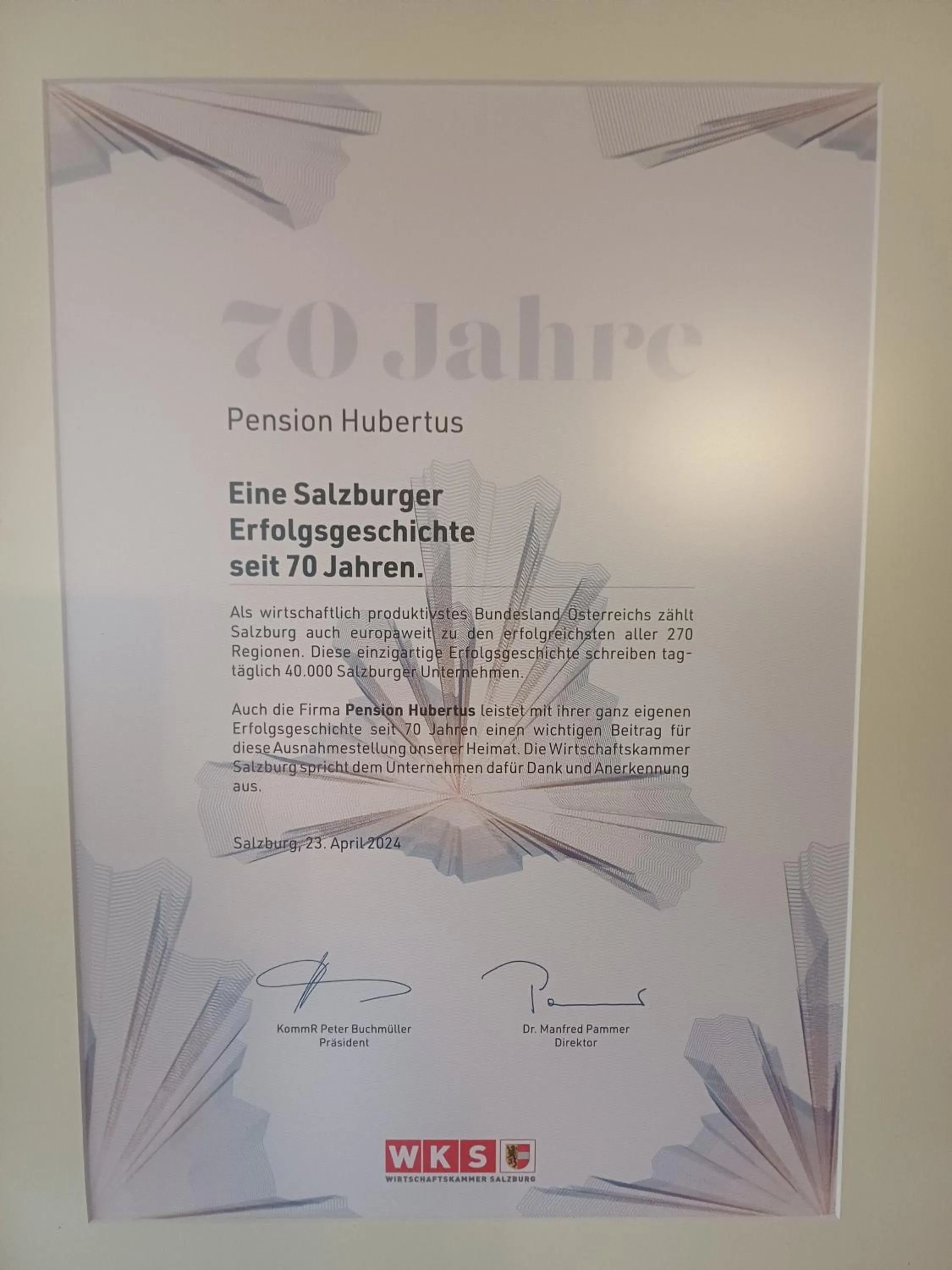 Certificate/Award in Hotel Pension Hubertus
