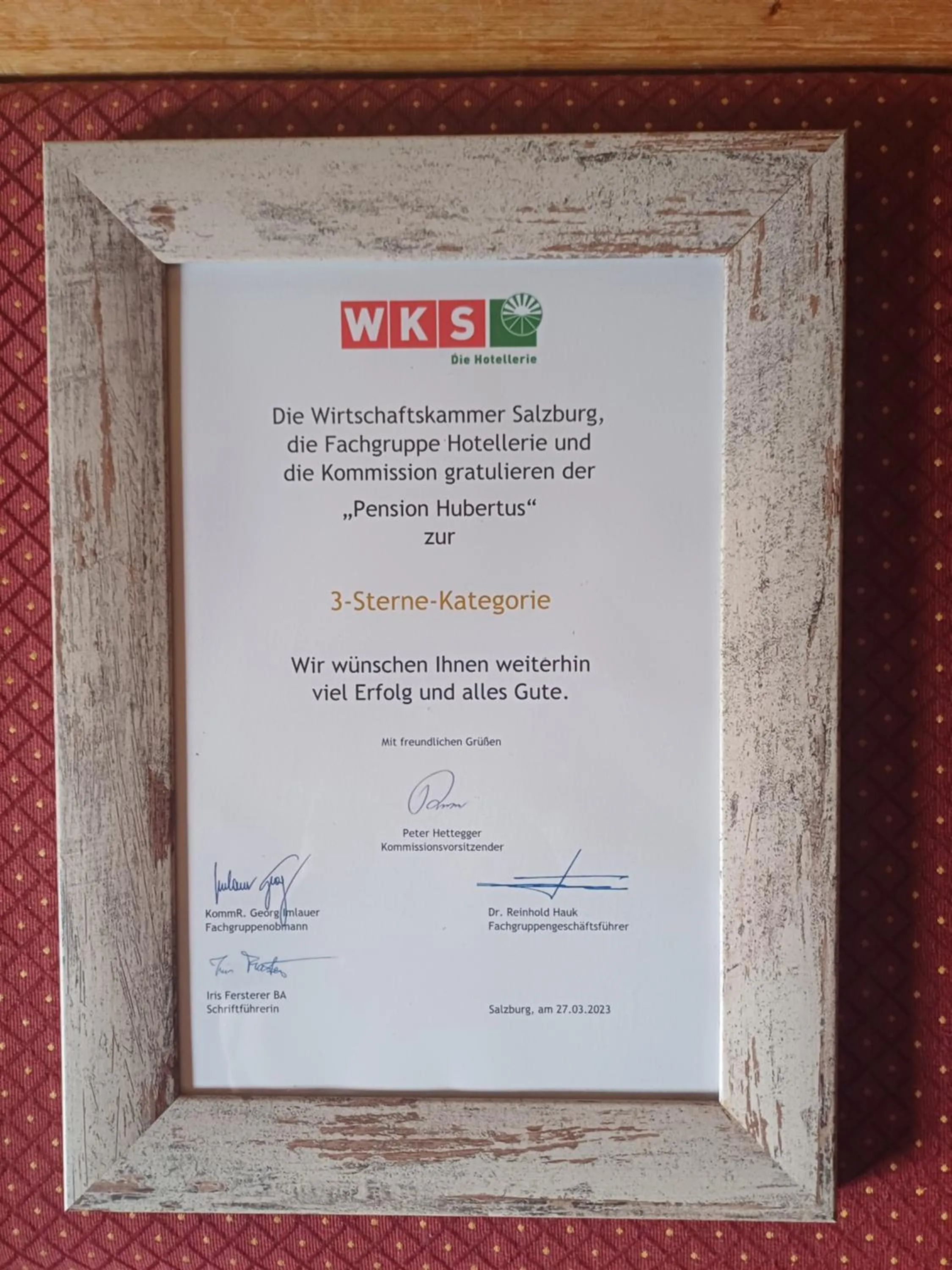 Certificate/Award in Hotel Pension Hubertus