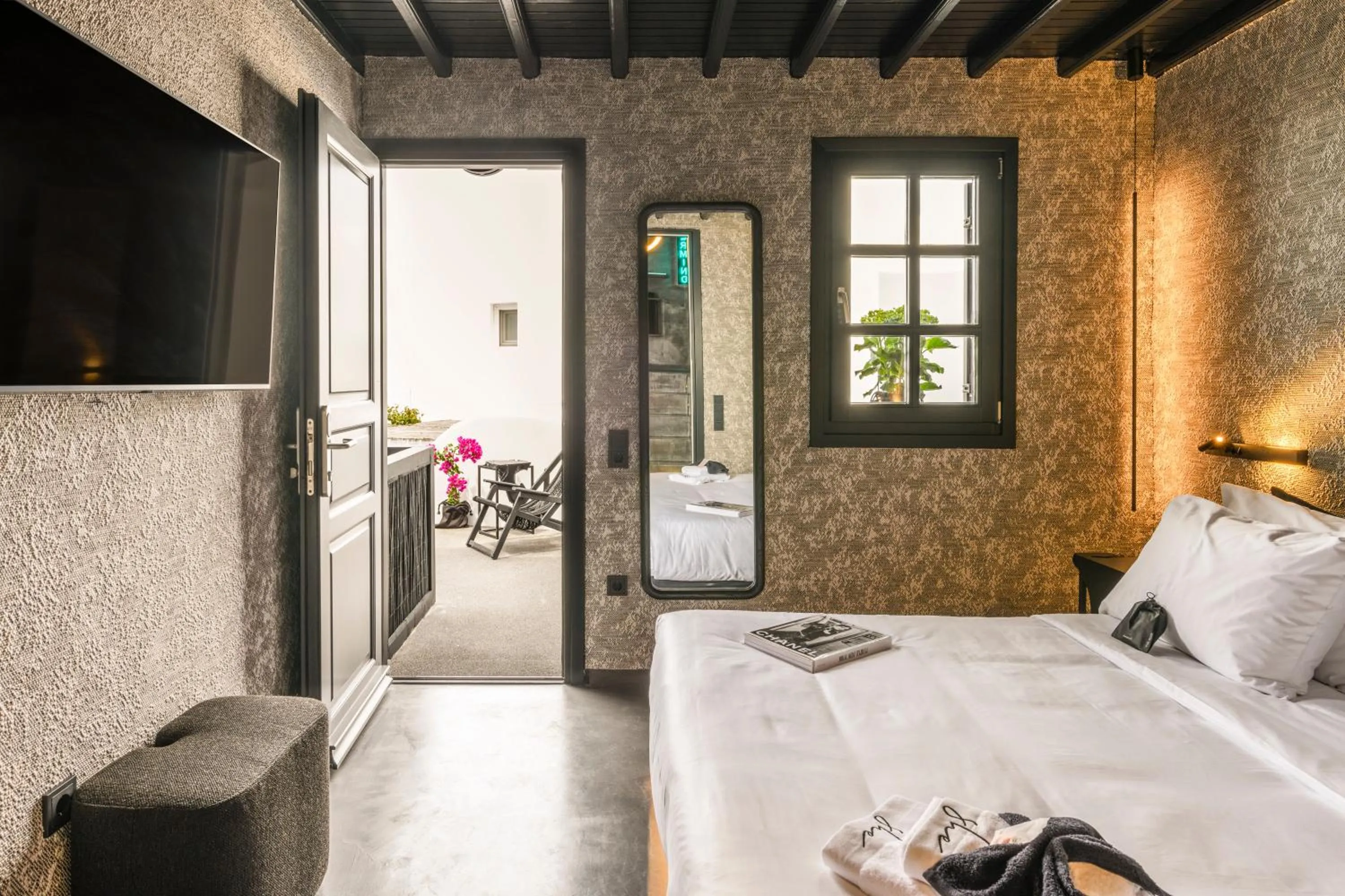 Balcony/Terrace, Bed in She Mykonos Boutique Hotel