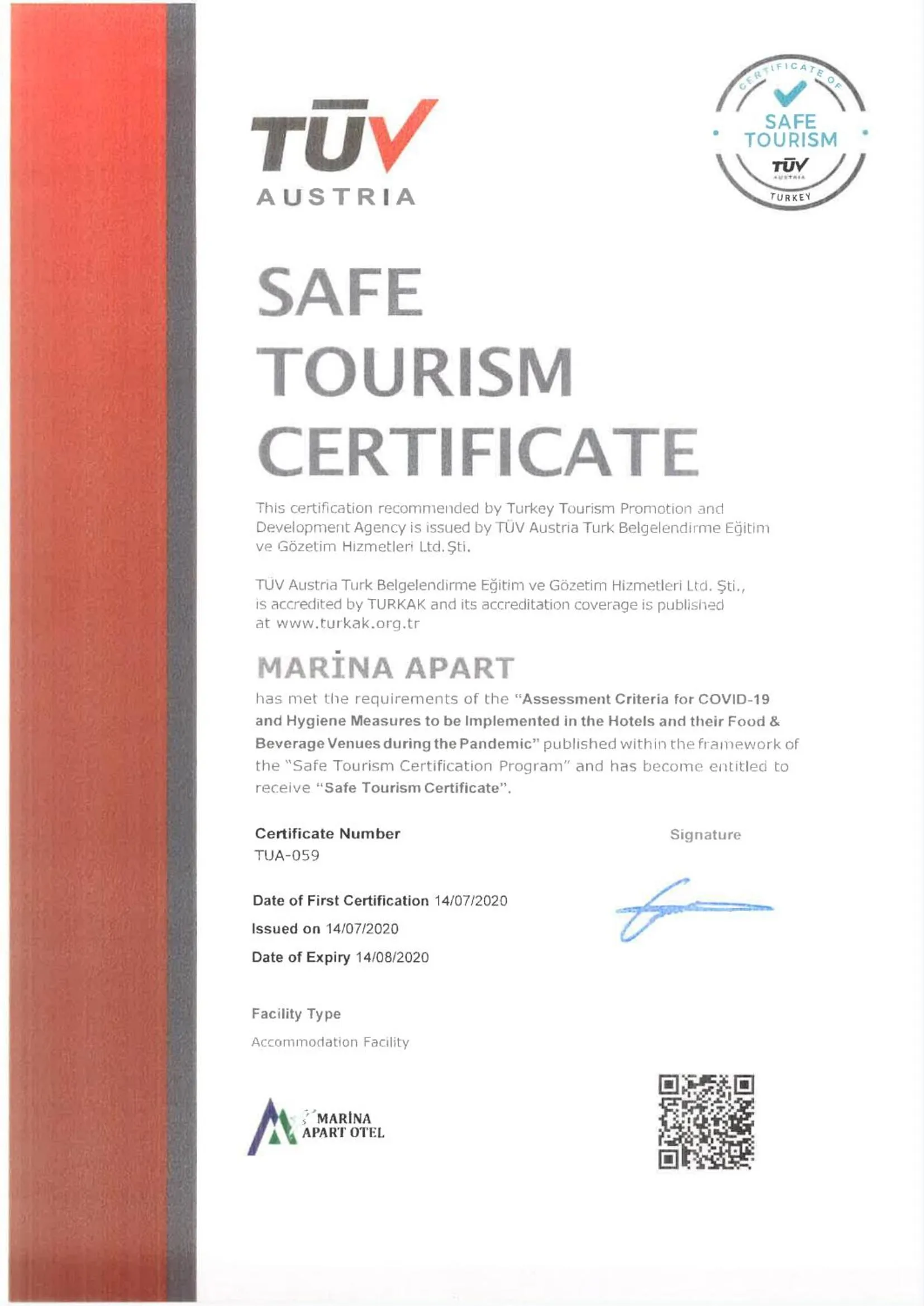 Certificate/Award in Marina Apart Hotel