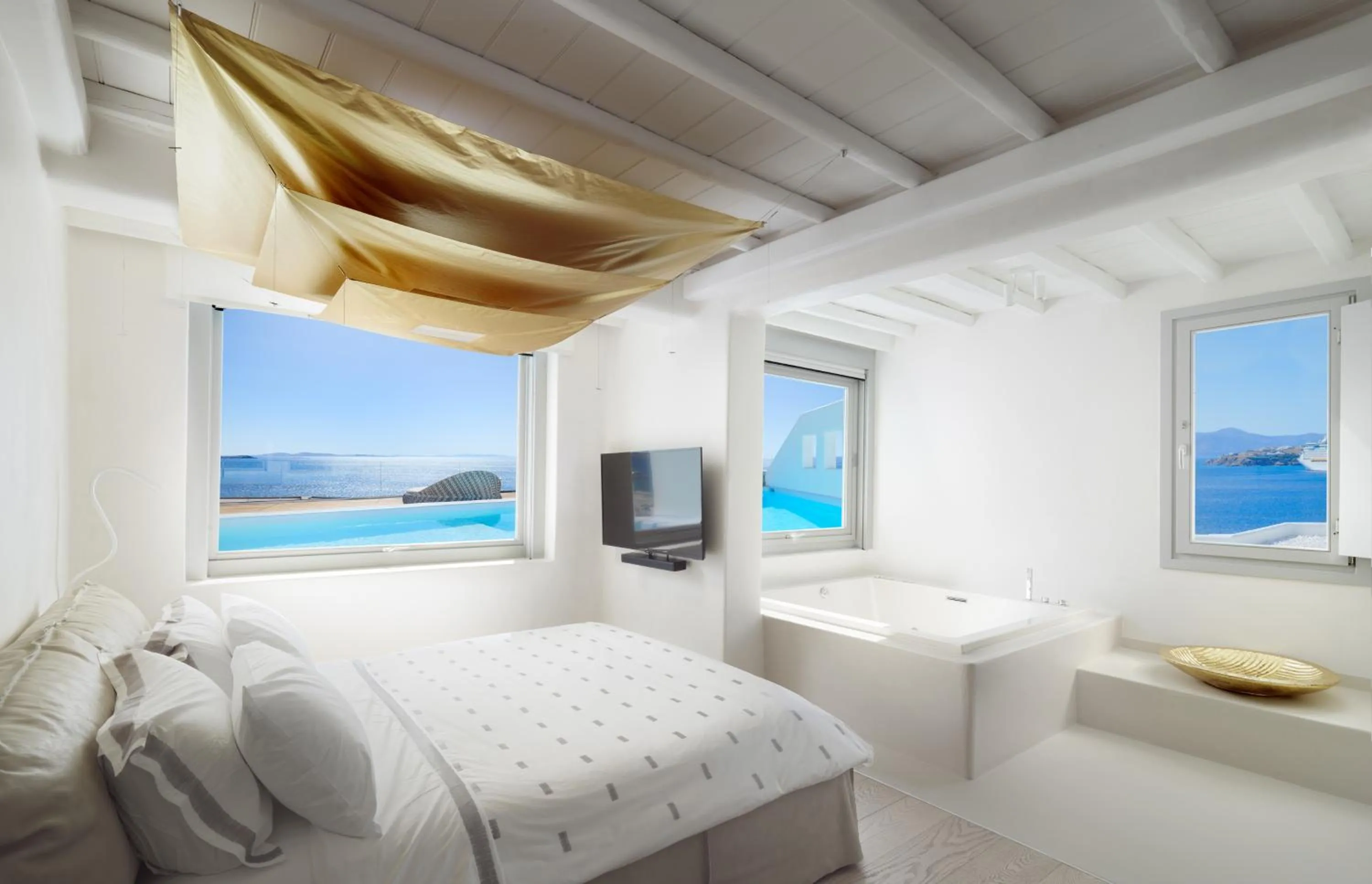 Bathroom, Bed in Cavo Tagoo Mykonos