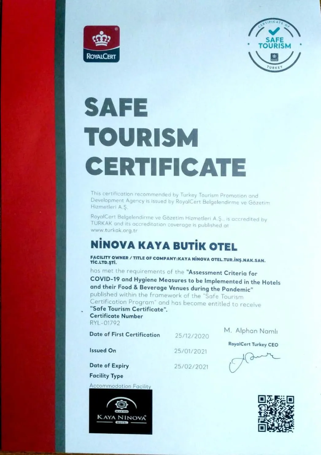Certificate/Award in Kaya Ninova Hotel