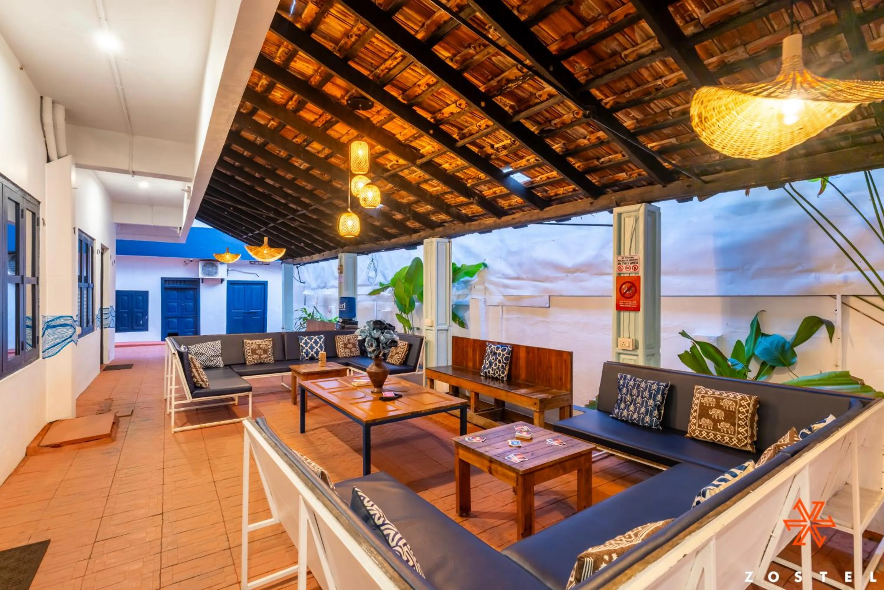 Seating area in Zostel Alleppey