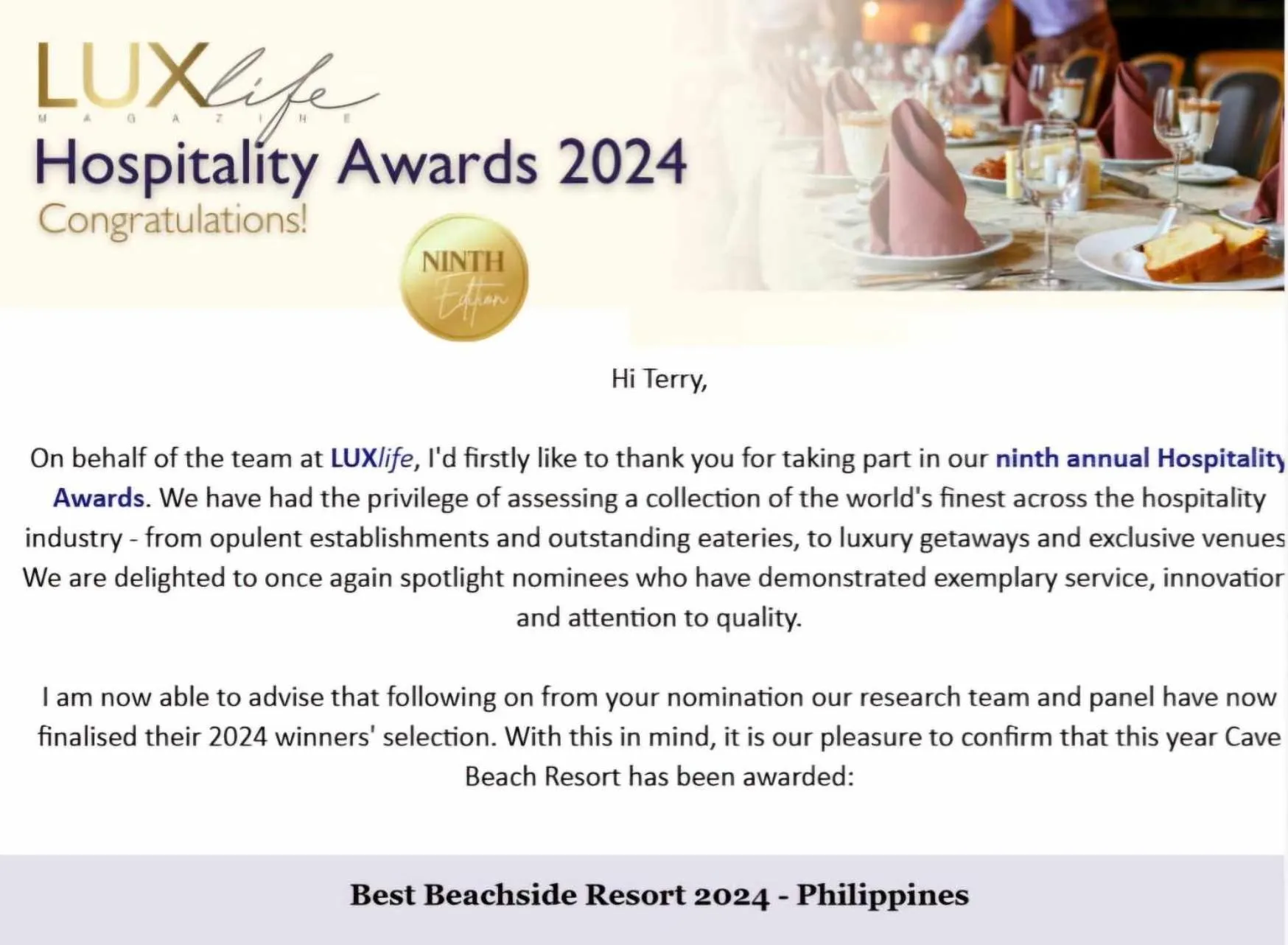 Certificate/Award in Cave Beach Resort - Boutique Accomodation