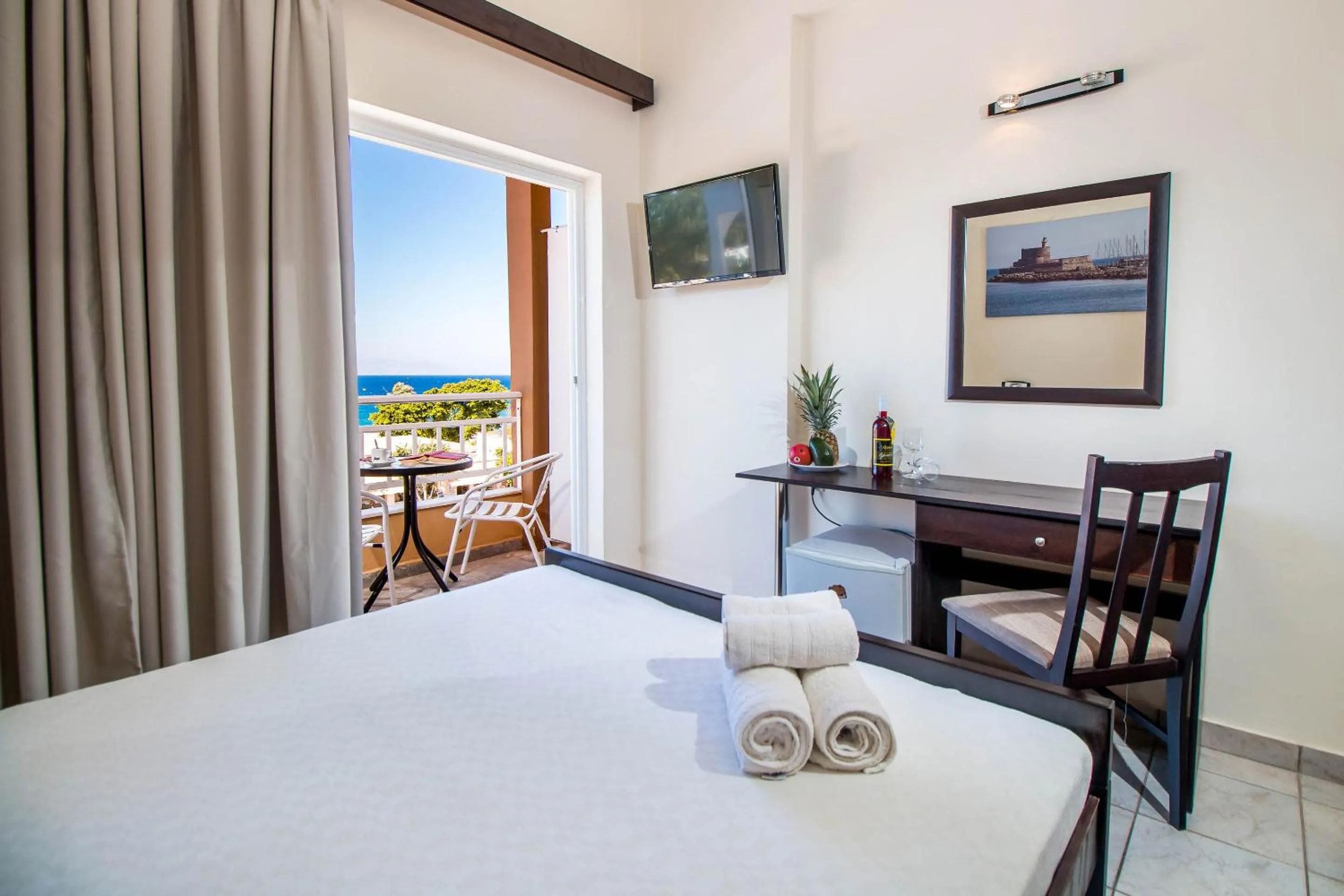 TV and multimedia, Bed in Filmar Hotel, Ixia, Rhodes