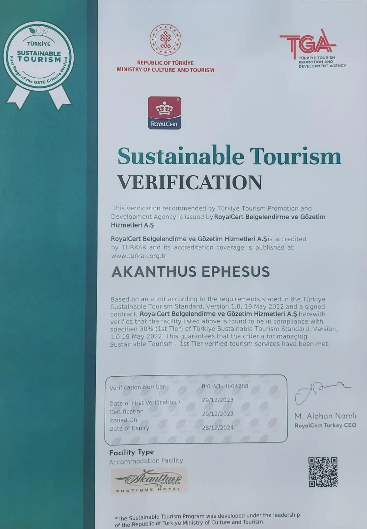 Certificate/Award in Akanthus Hotel Ephesus