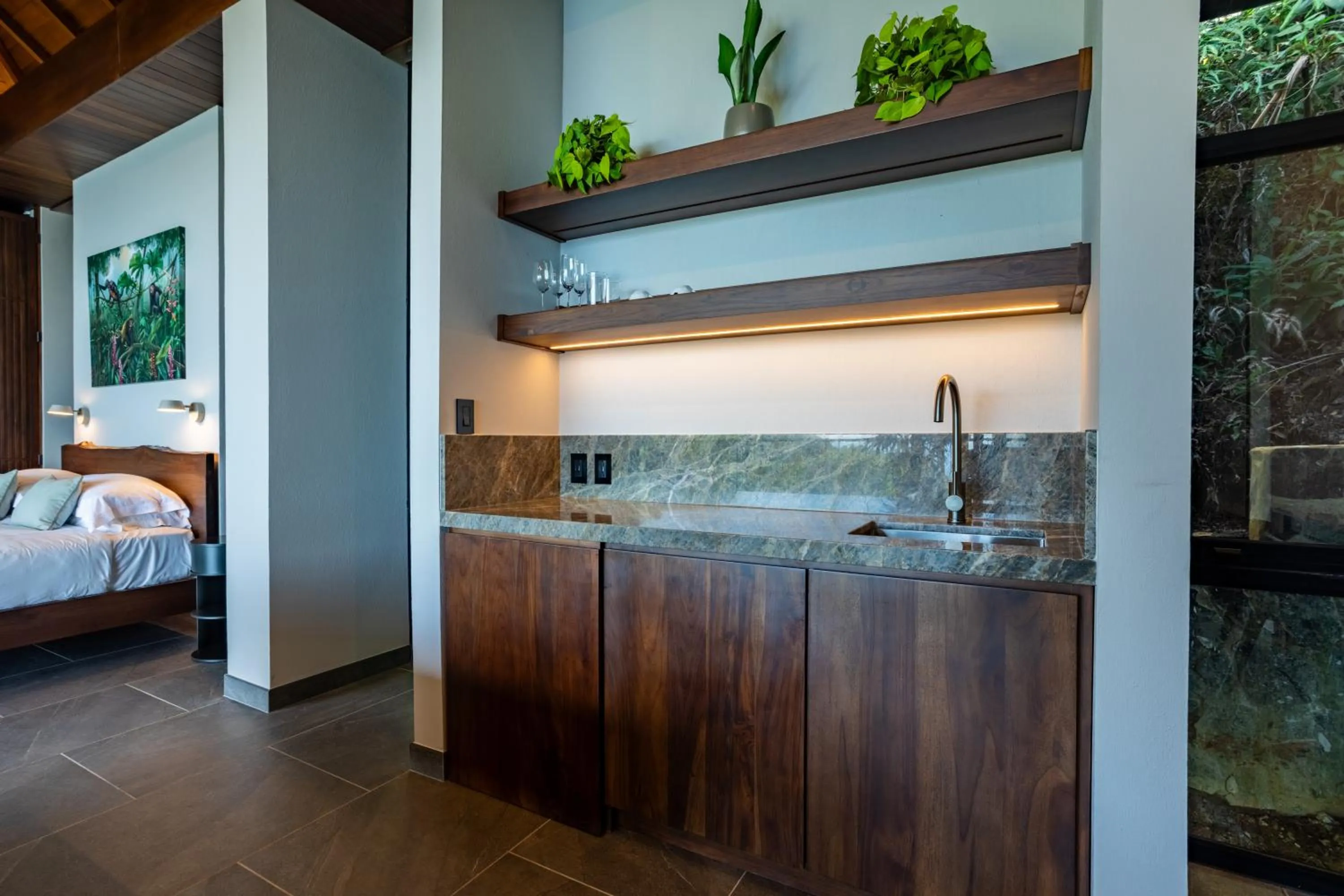 Kitchen or kitchenette, Bed in Rancho Pacifico - Boutique Hotel for Adults