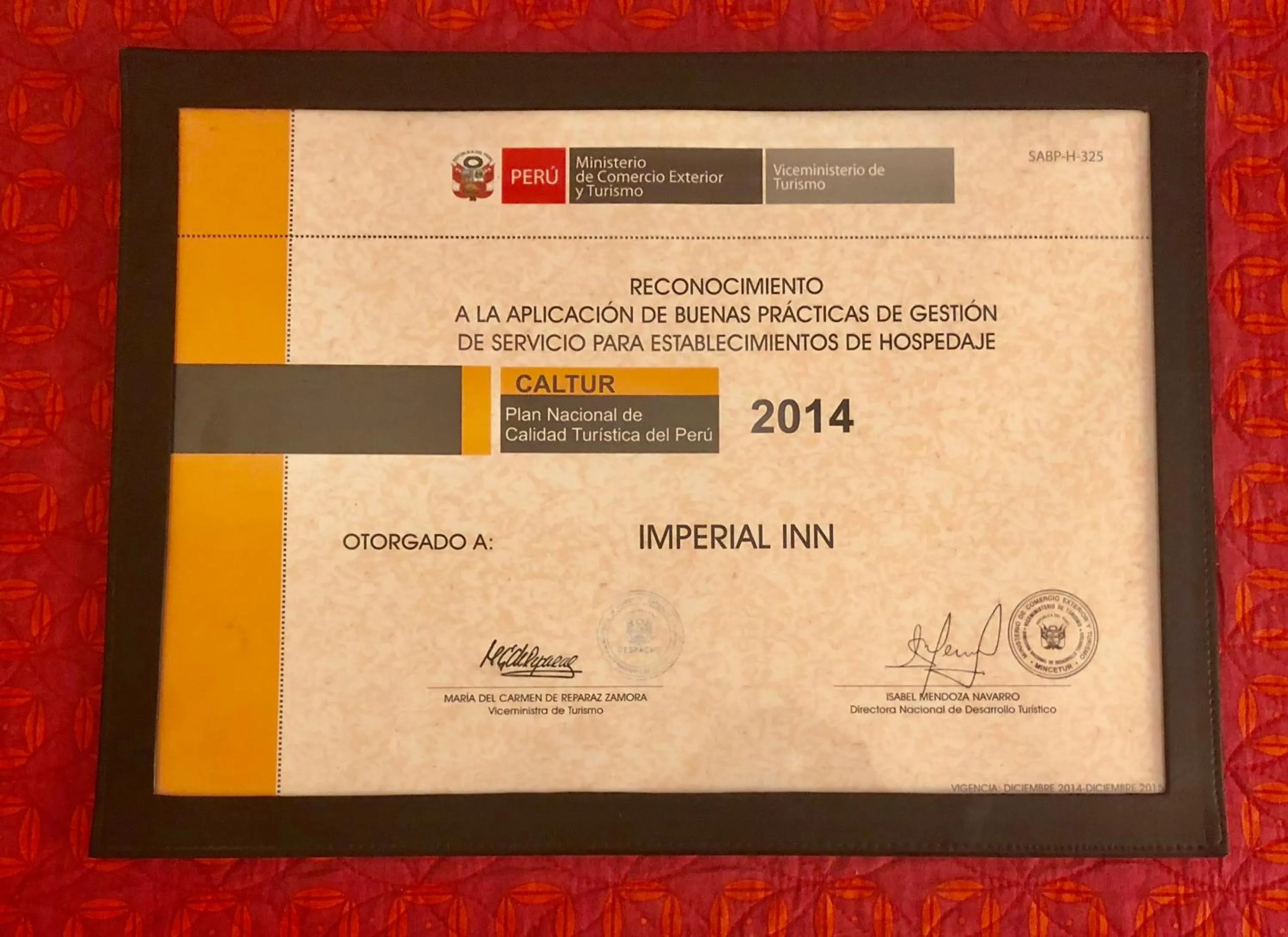 Certificate/Award in Imperial Inn Hospedaje Turistico