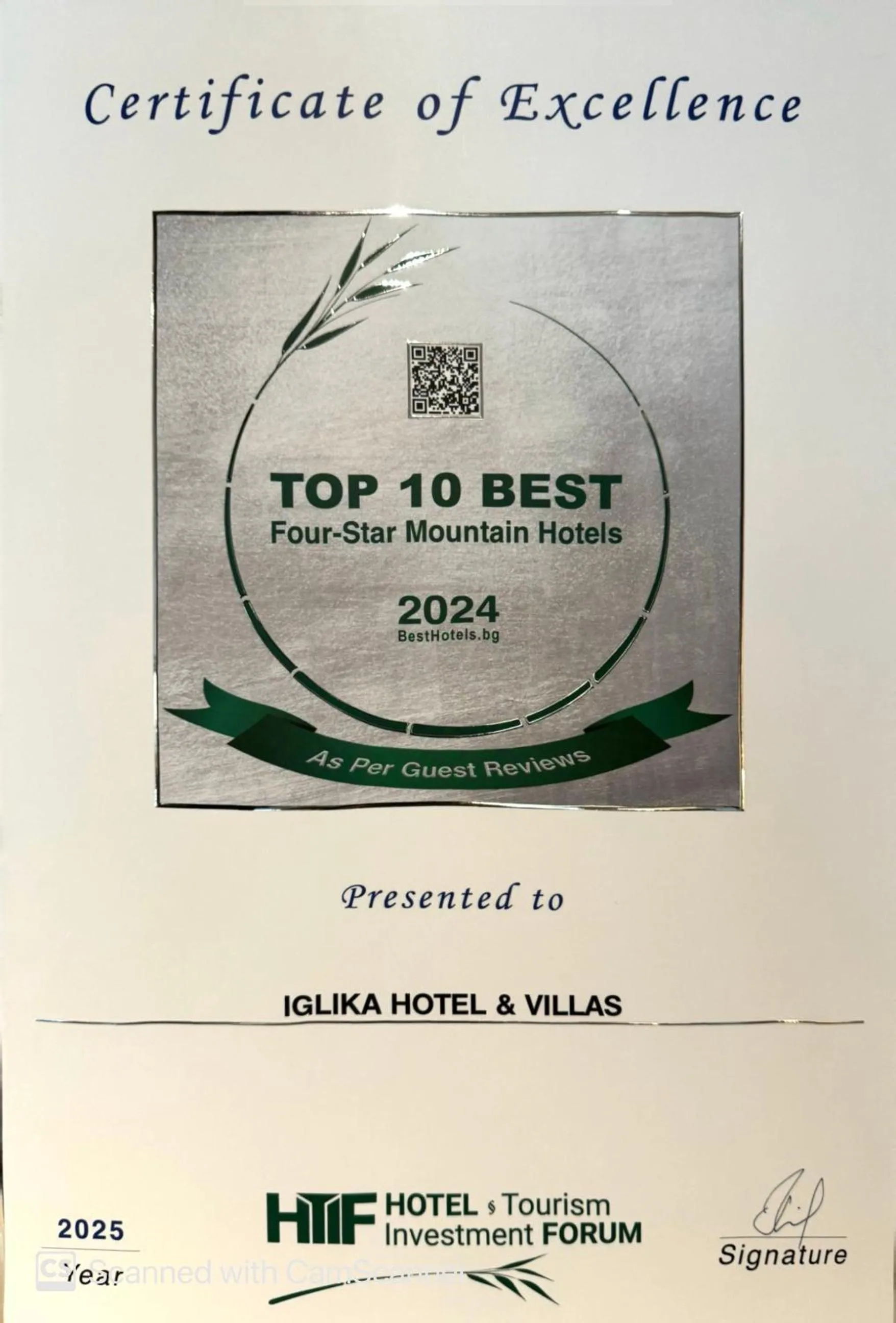 Certificate/Award in Iglika Hotel & Villas Borovets