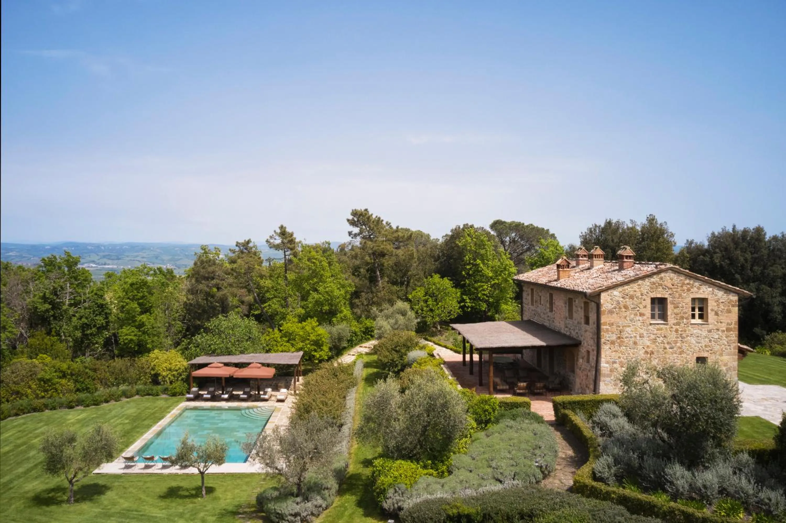 Pool view in Rosewood Castiglion del Bosco