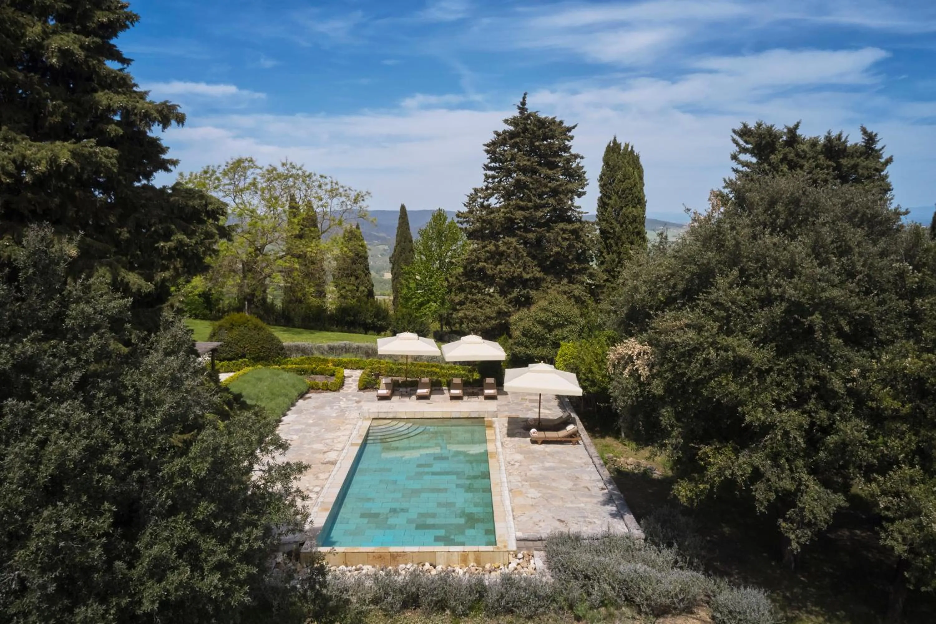 Pool view in Rosewood Castiglion del Bosco