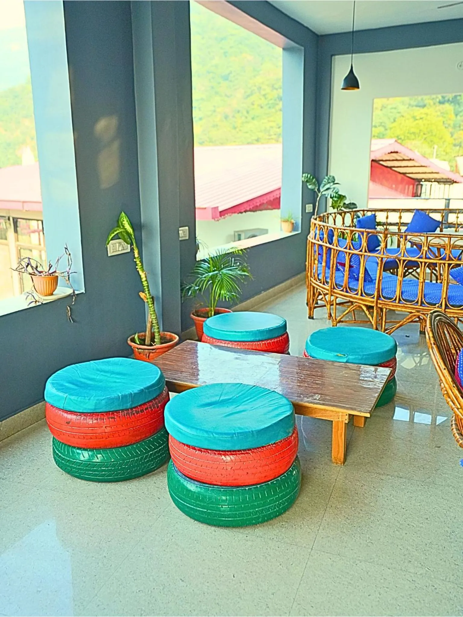 Seating area in Skyard Hostel Rishikesh Laxman Jhula