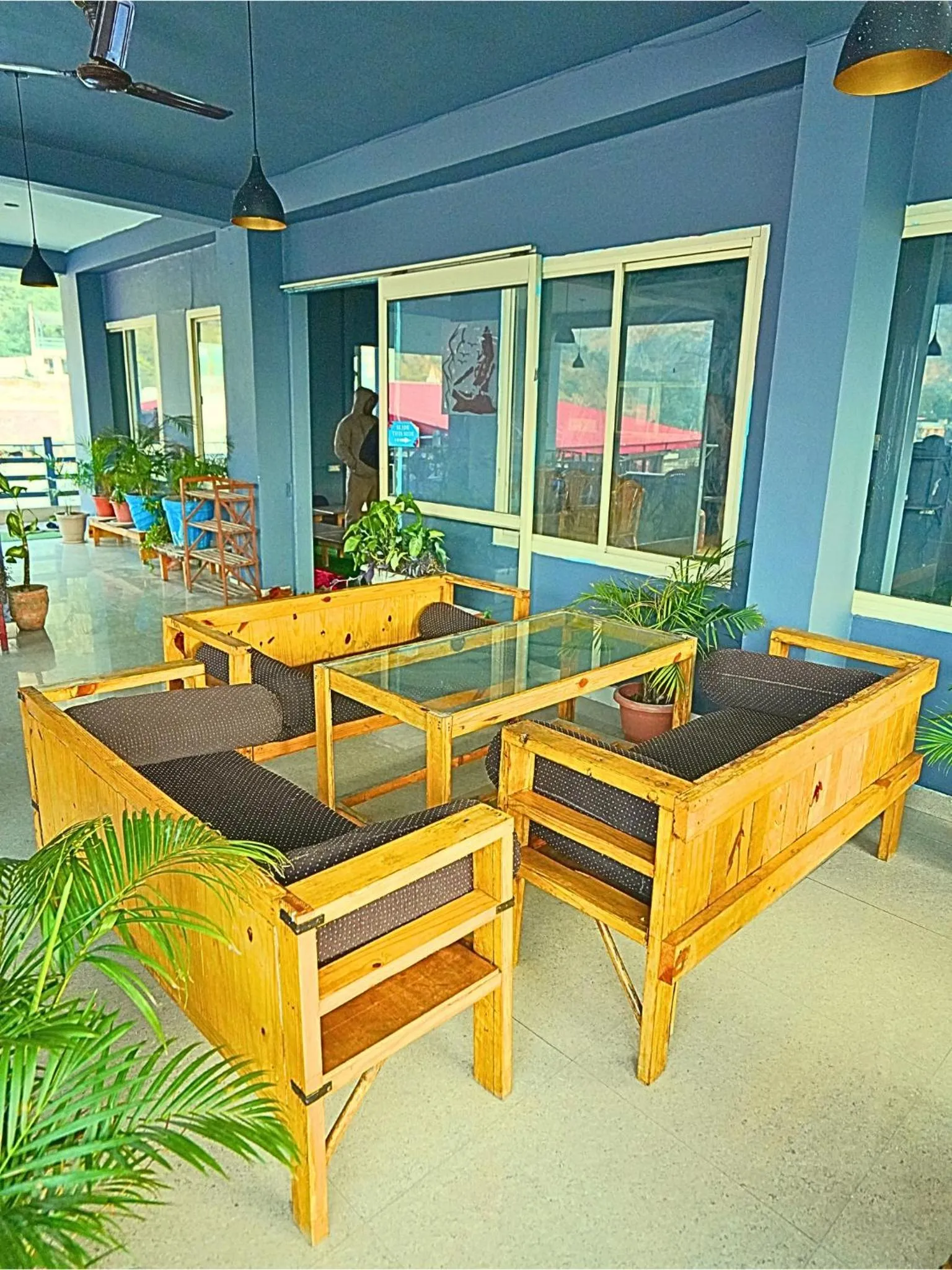 Living room in Skyard Hostel Rishikesh Laxman Jhula