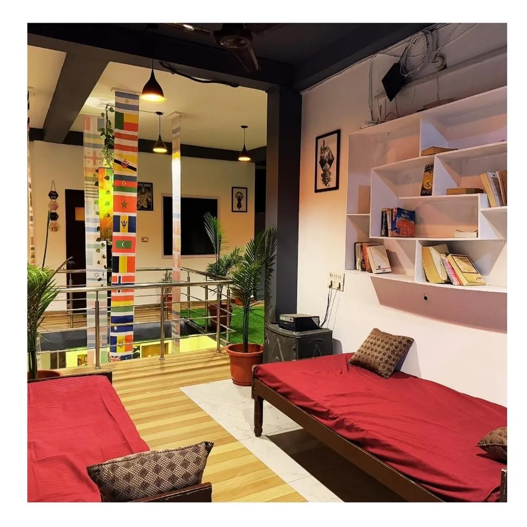 Communal lounge/ TV room in Skyard Hostel Rishikesh Laxman Jhula