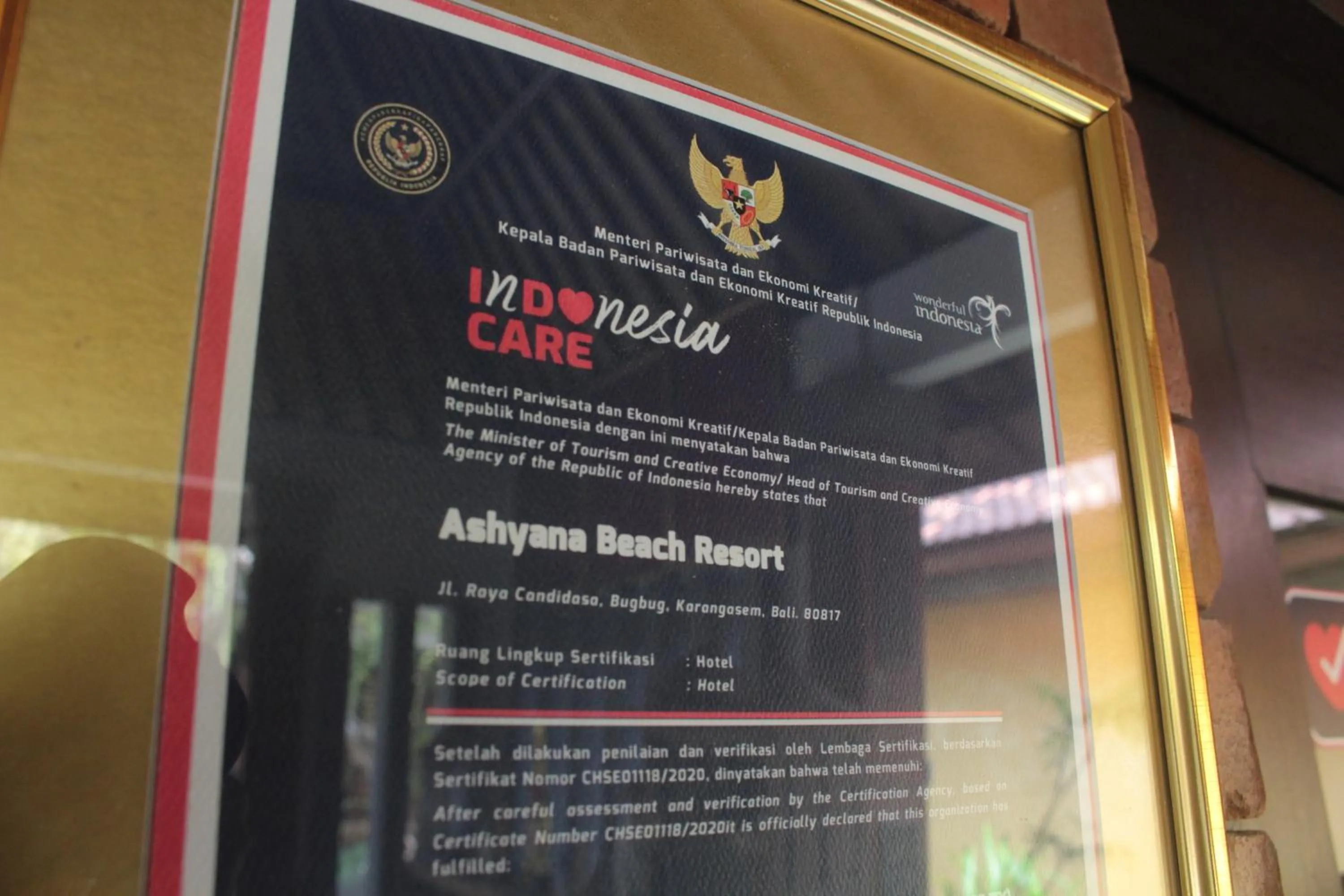 Certificate/Award in Ashyana Candidasa Beach Resort