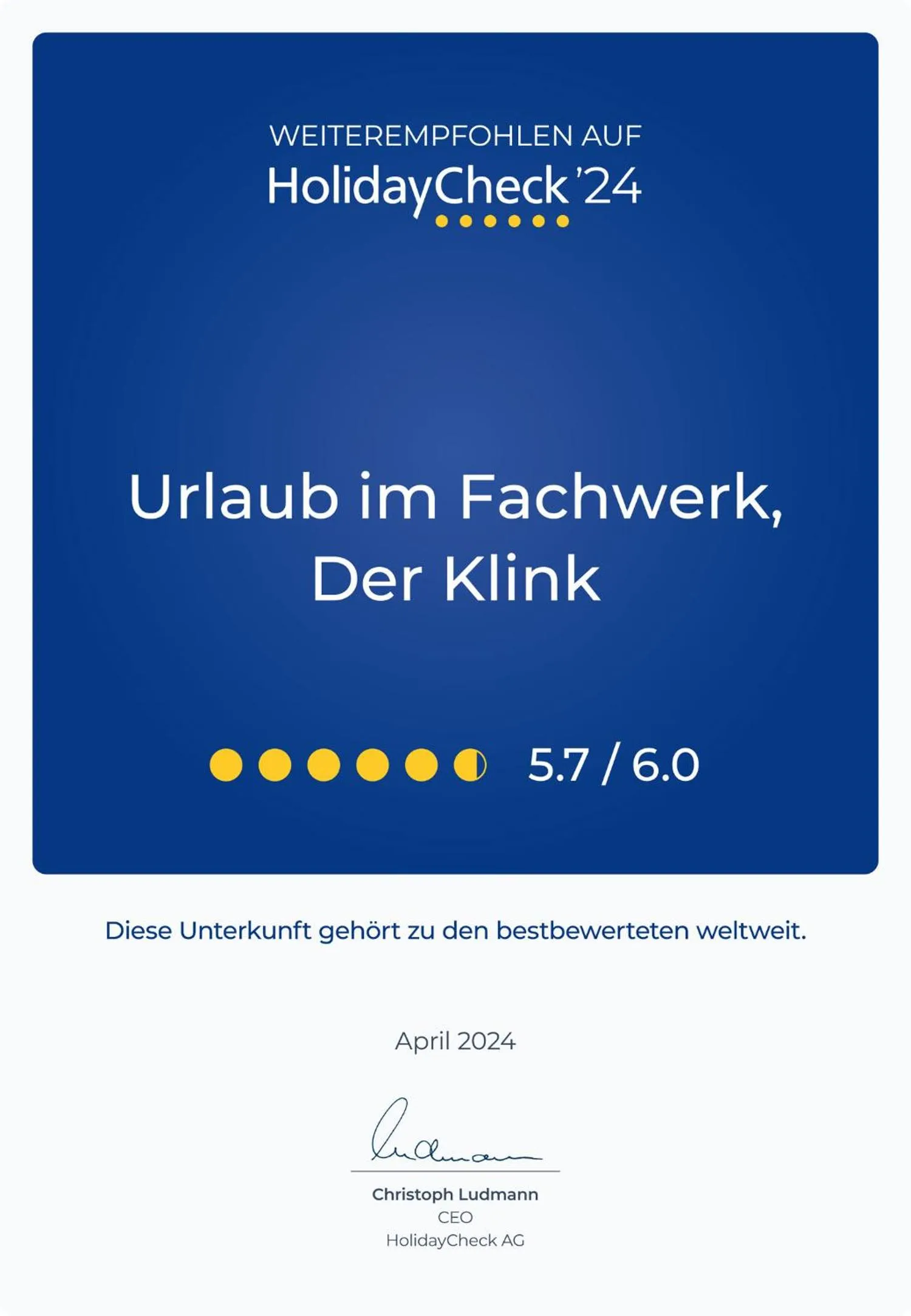 Certificate/Award in Urlaub im Fachwerk - Klink