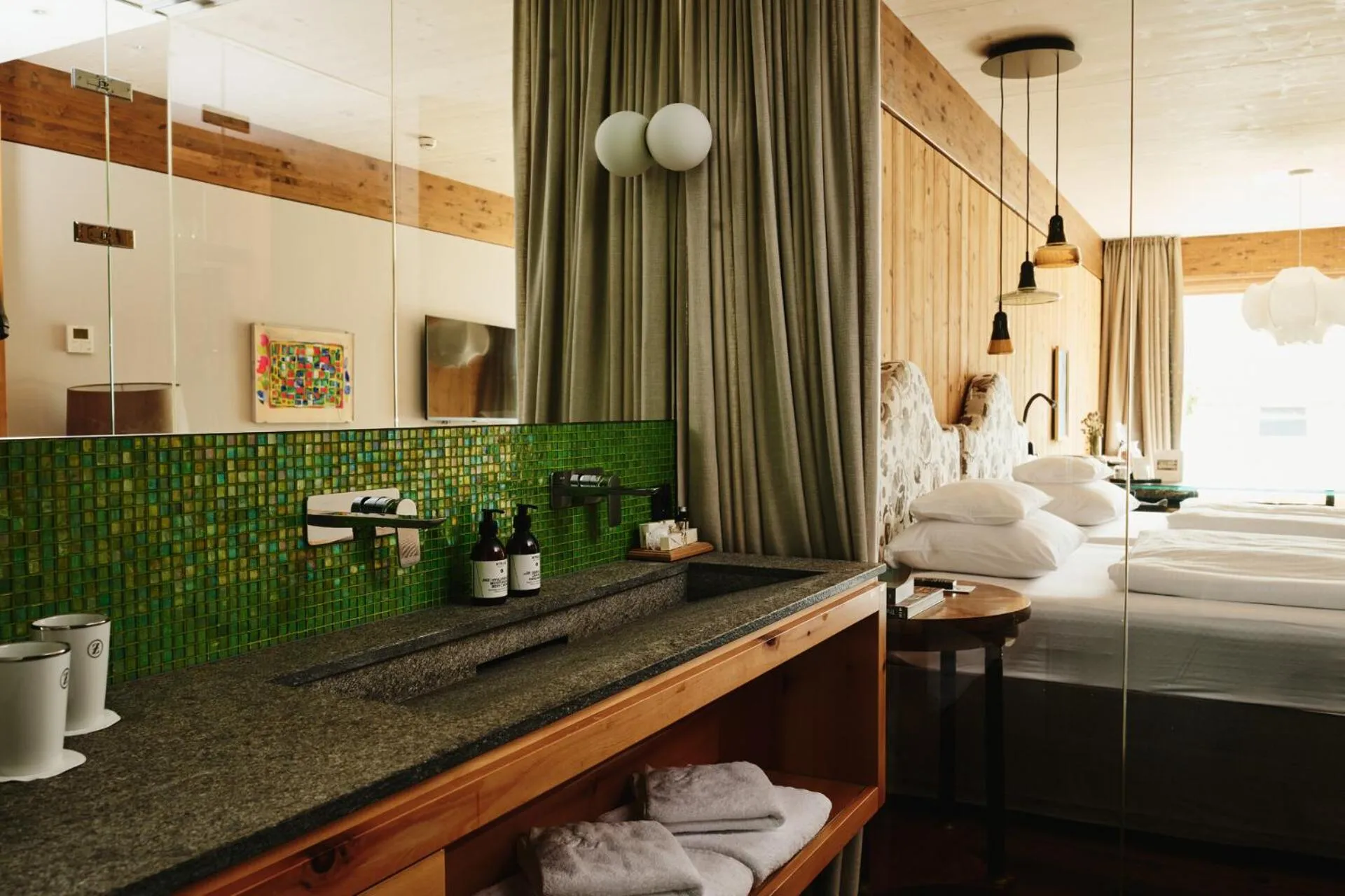 Bathroom, Bed in Small Luxury Hotel of the World - DasPosthotel