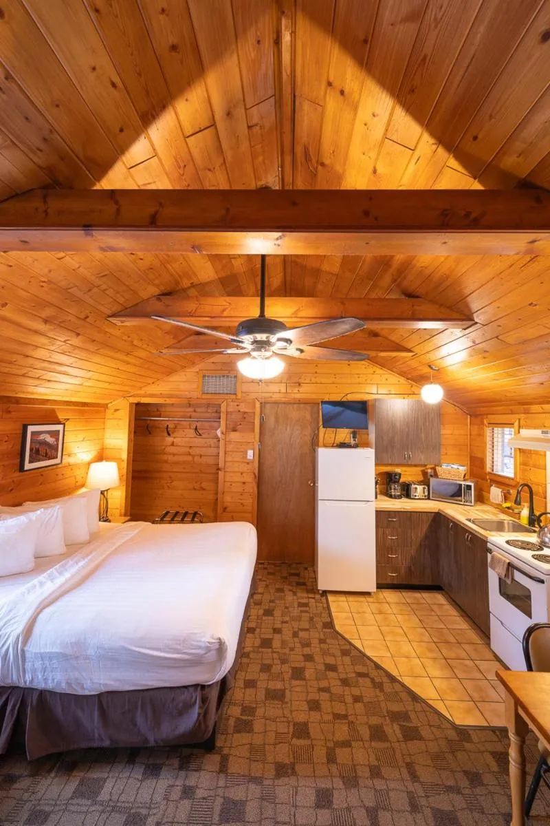kitchen, Bed in Castle Mountain Chalets
