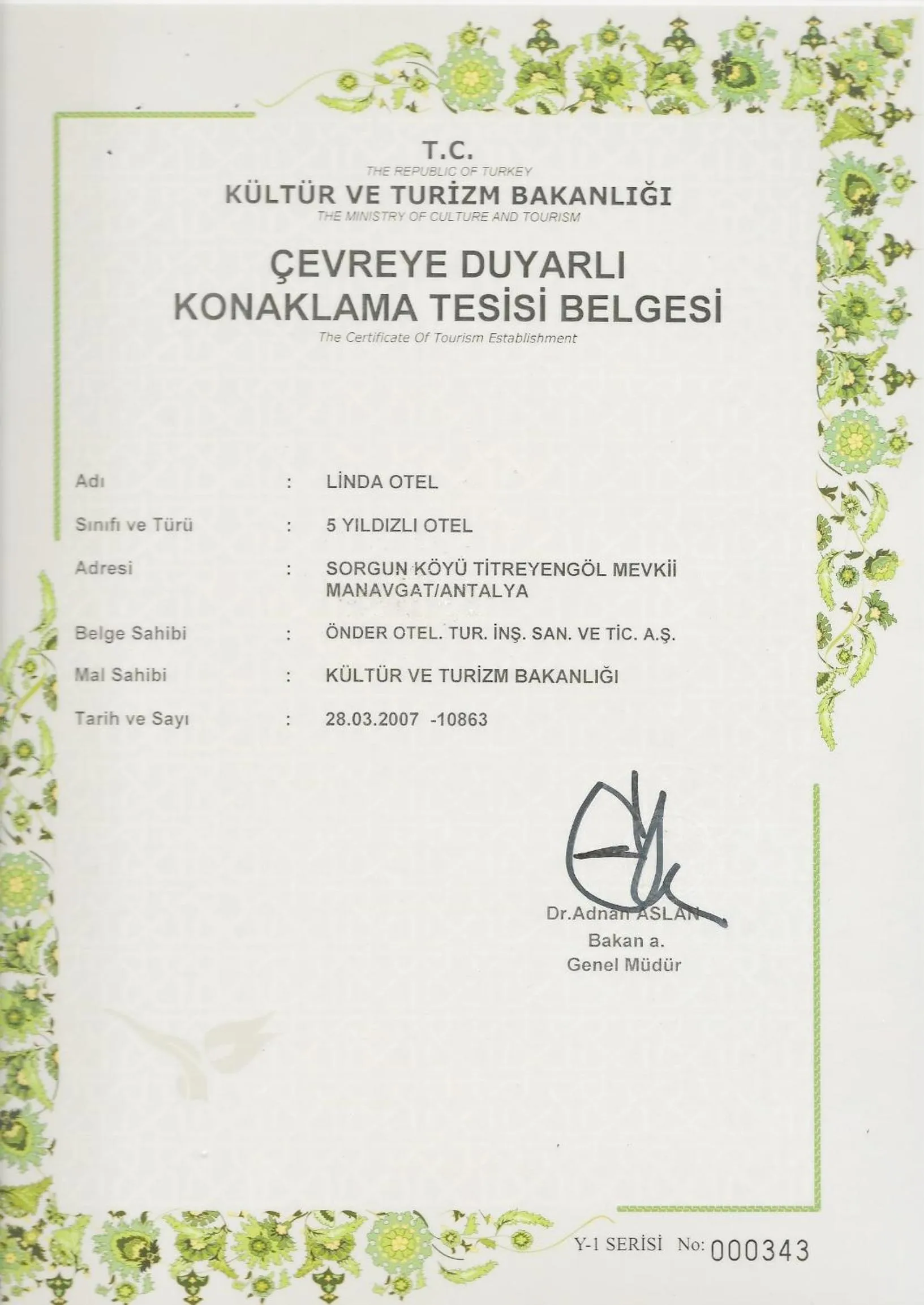 Certificate/Award in Linda Resort Hotel