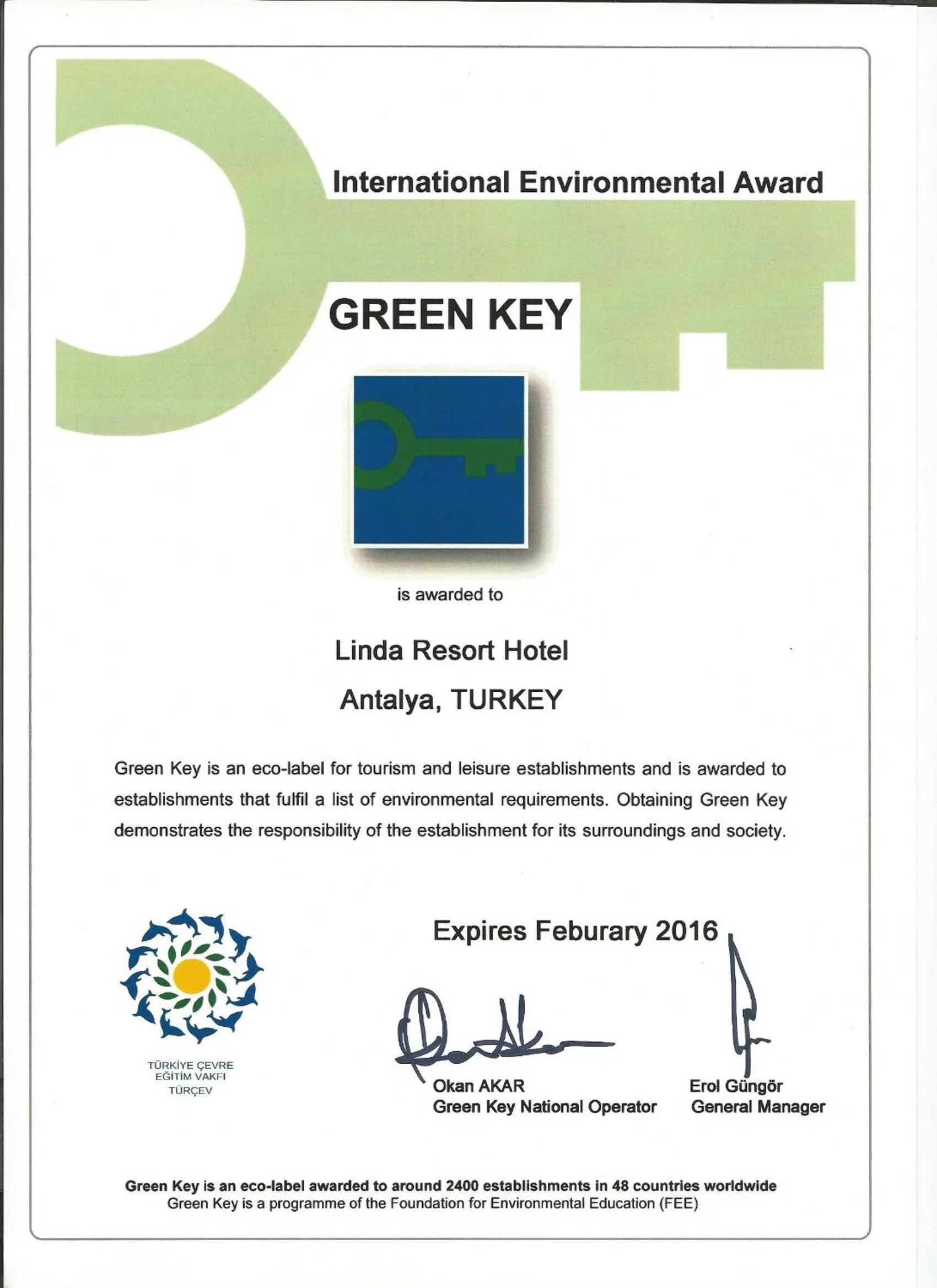 Certificate/Award in Linda Resort Hotel