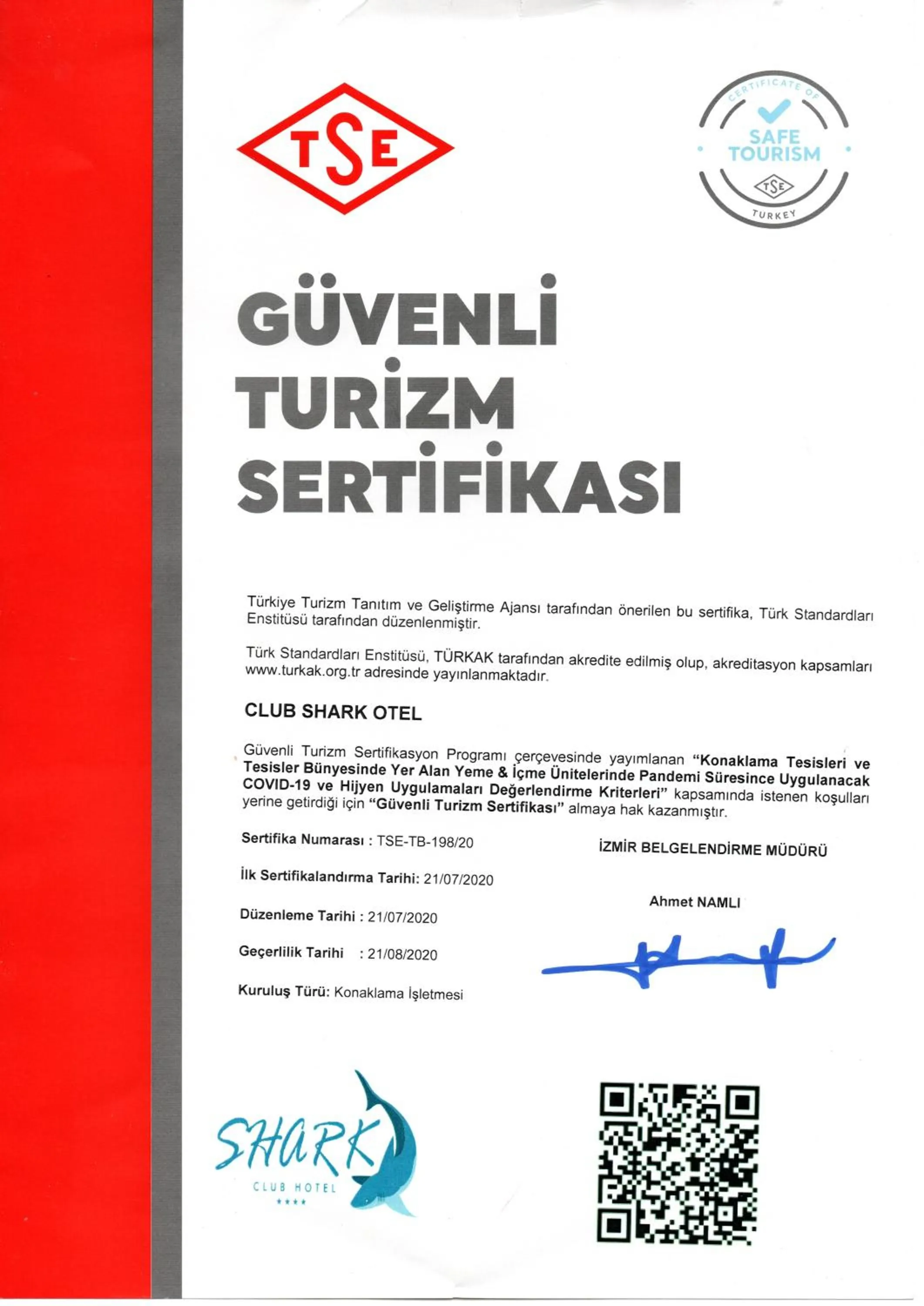 Certificate/Award in Club Shark Hotel