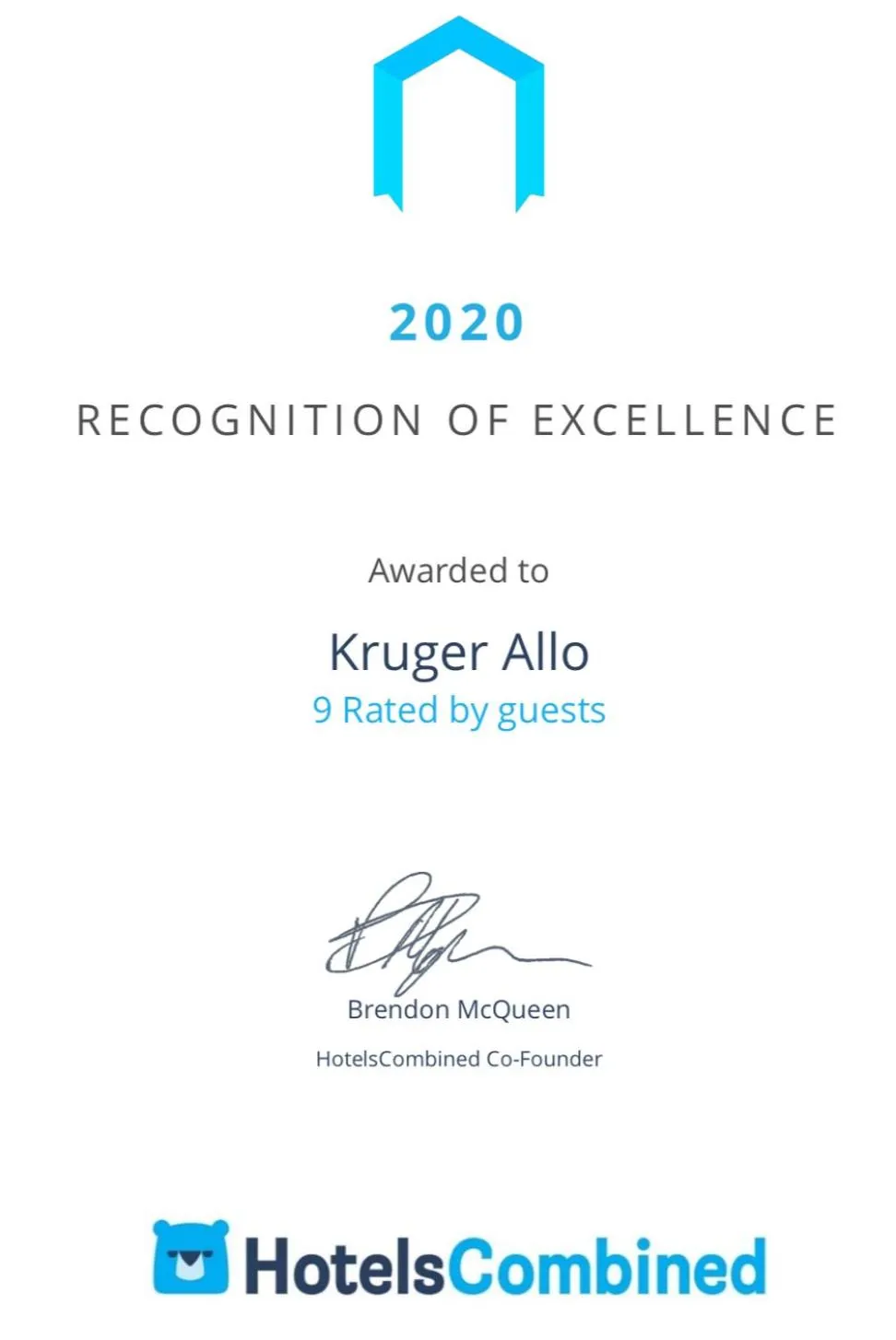 Certificate/Award in Kruger Allo B&B