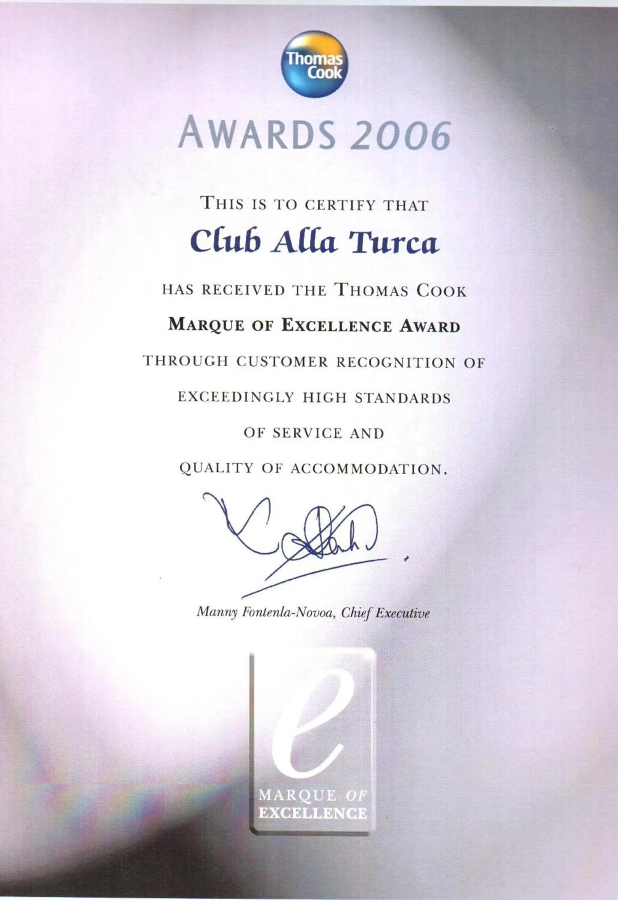 Certificate/Award in Club Alla Turca