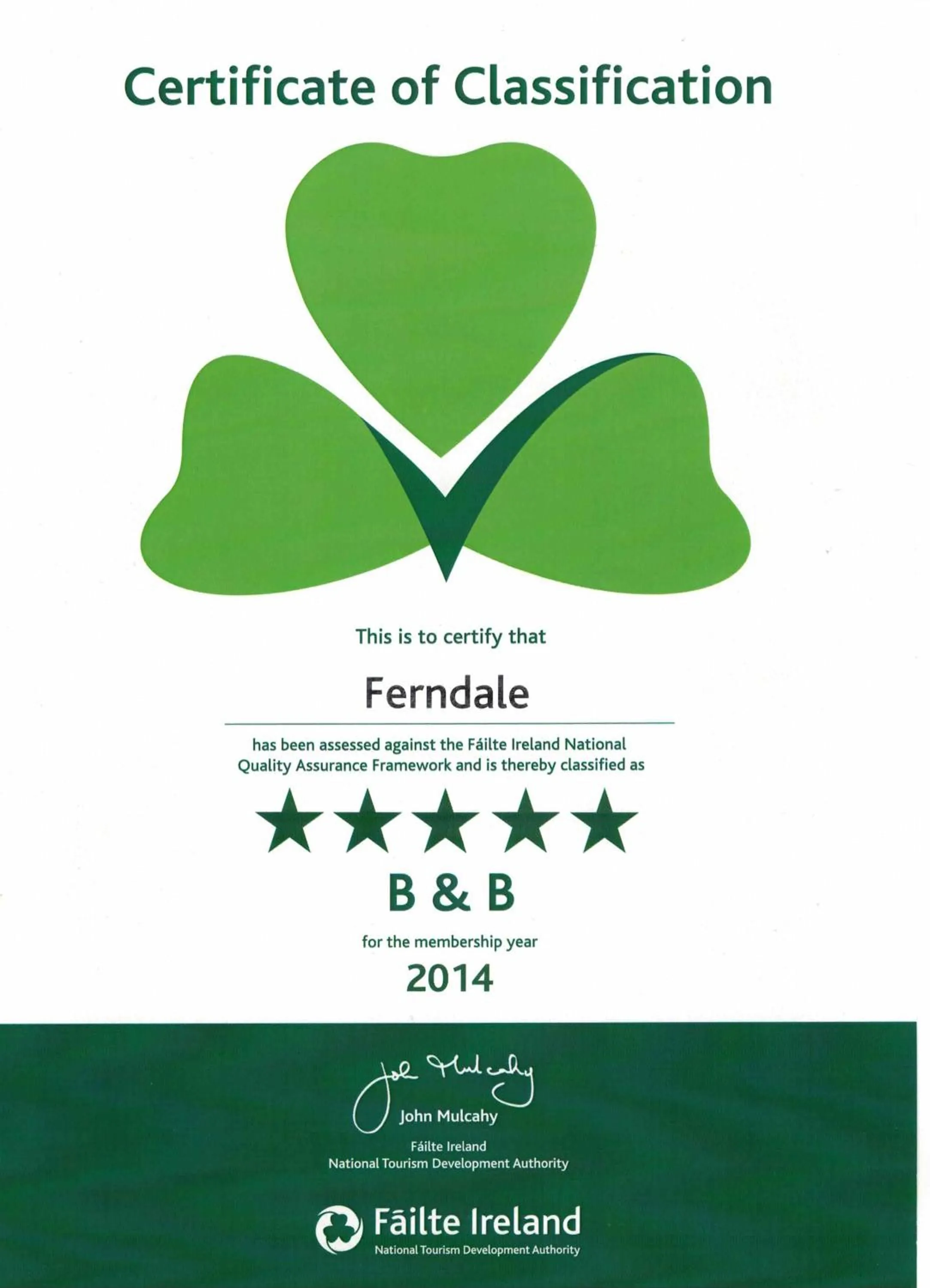 Certificate/Award in Ferndale Luxury Boutique Bed & Breakfast