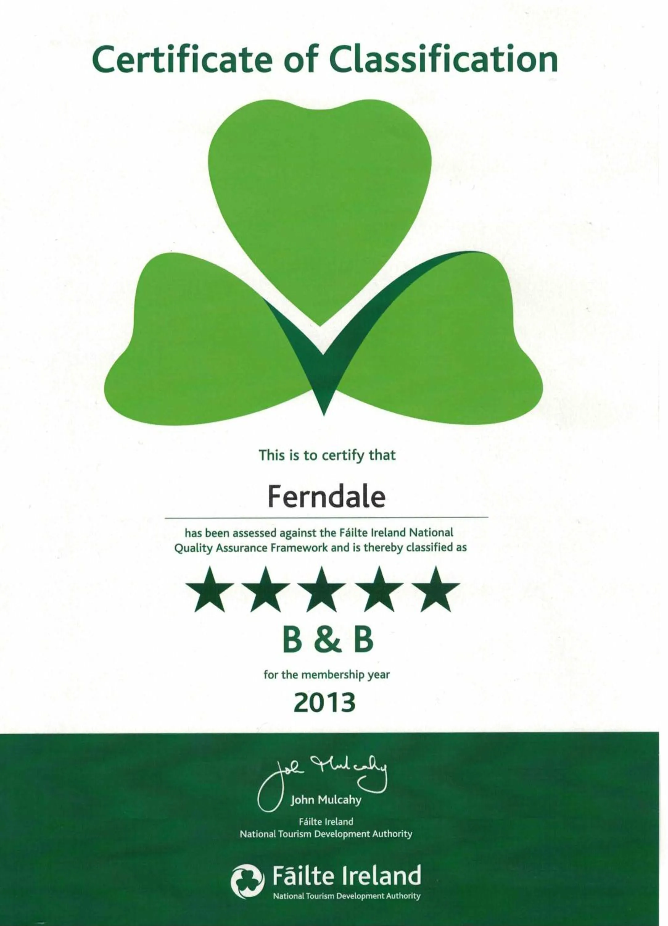 Certificate/Award in Ferndale Luxury Boutique Bed & Breakfast